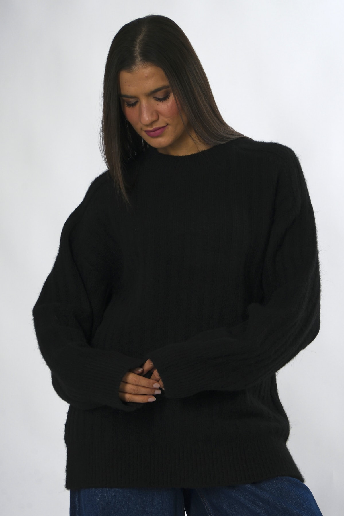 Abbra Kadın Bisiklet Yaka Oversize Fitilli Triko Kazak - SİYAH