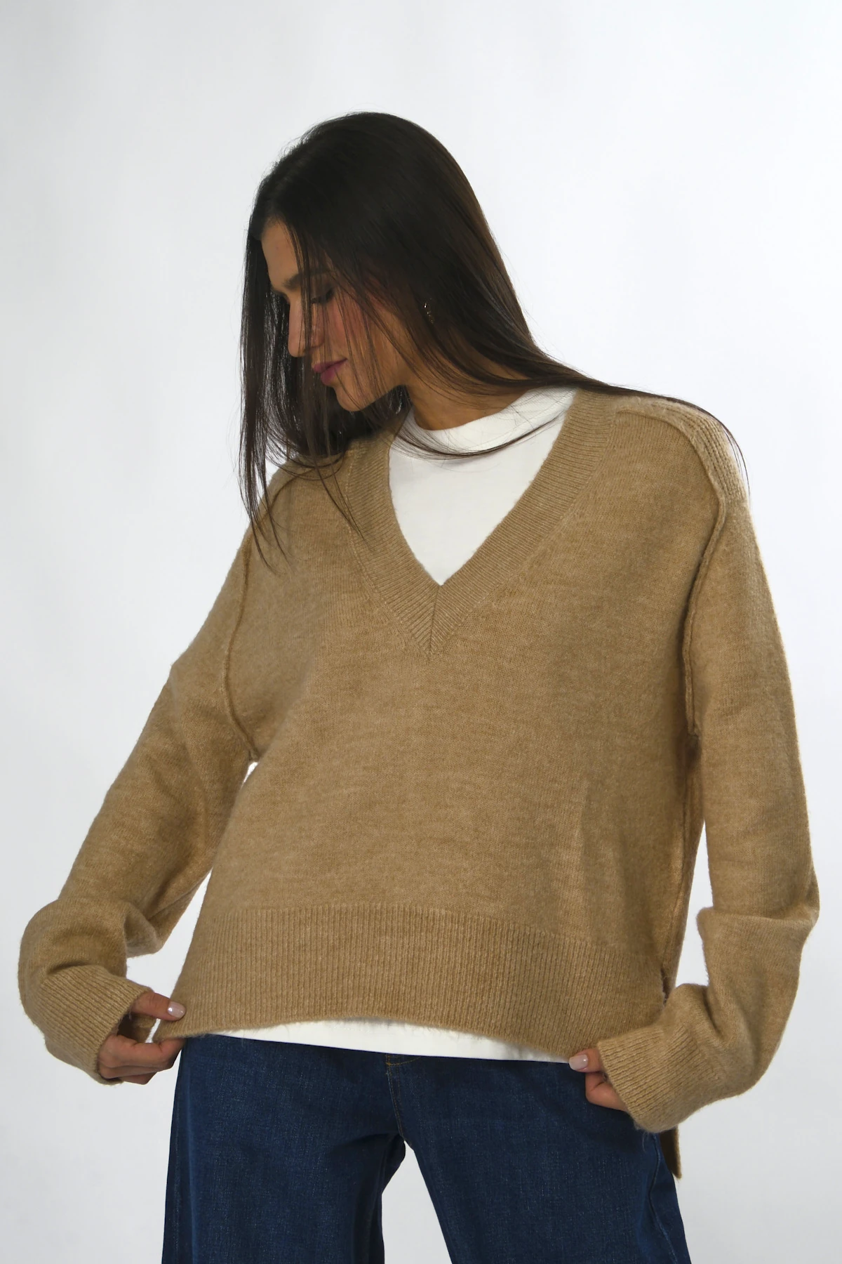 Abbra Kadın V Yaka Dikiş Yırtmaçlı Detay Triko Kazak