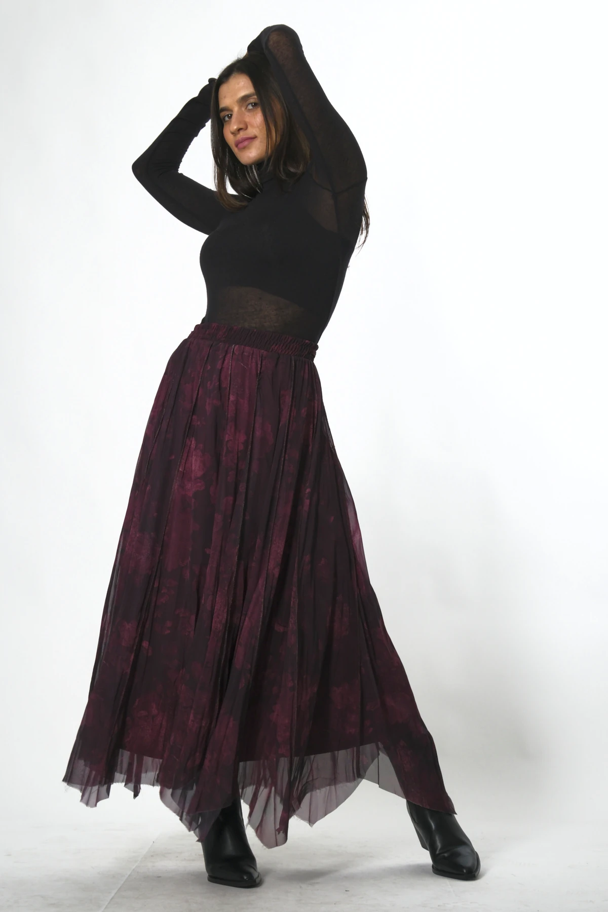 Abbra Kadın Astarlı Beli Lastikli Desenli Şifon Etek