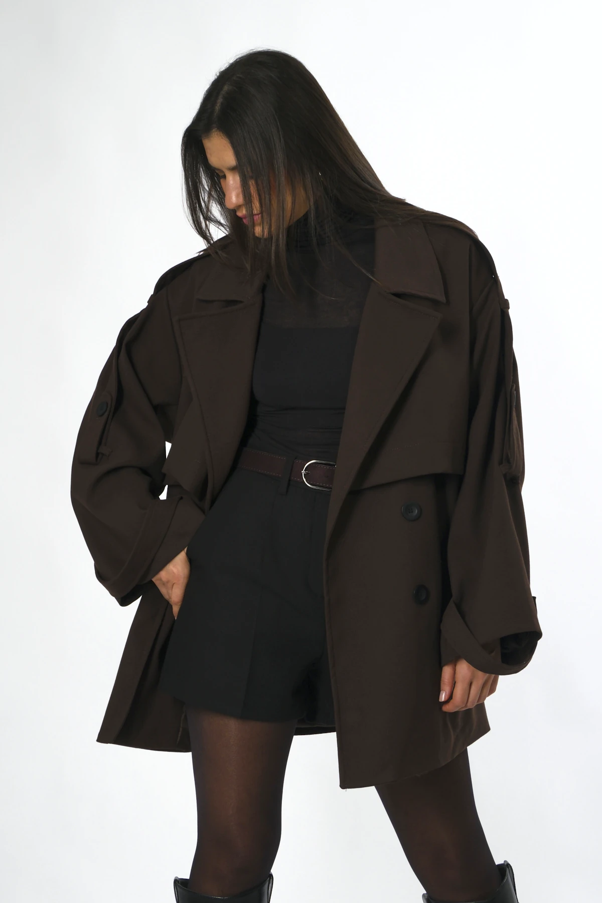 Abbra Kadın Kuşaklı Oversize Kısa Trenç - KAHVE