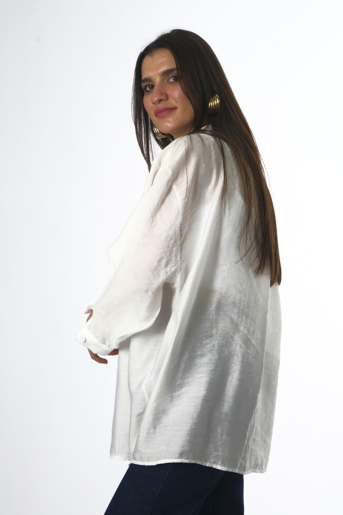 Abbra Kadın Düşük Omuzlu Modal Oversize Gömlek