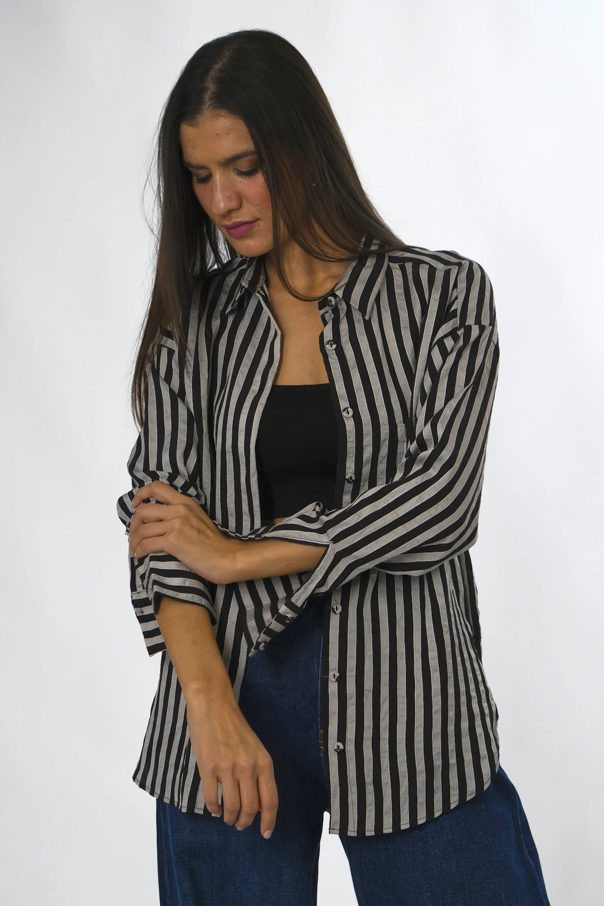 Abbra Kadın Multi Çizgili Cepli Gömlek