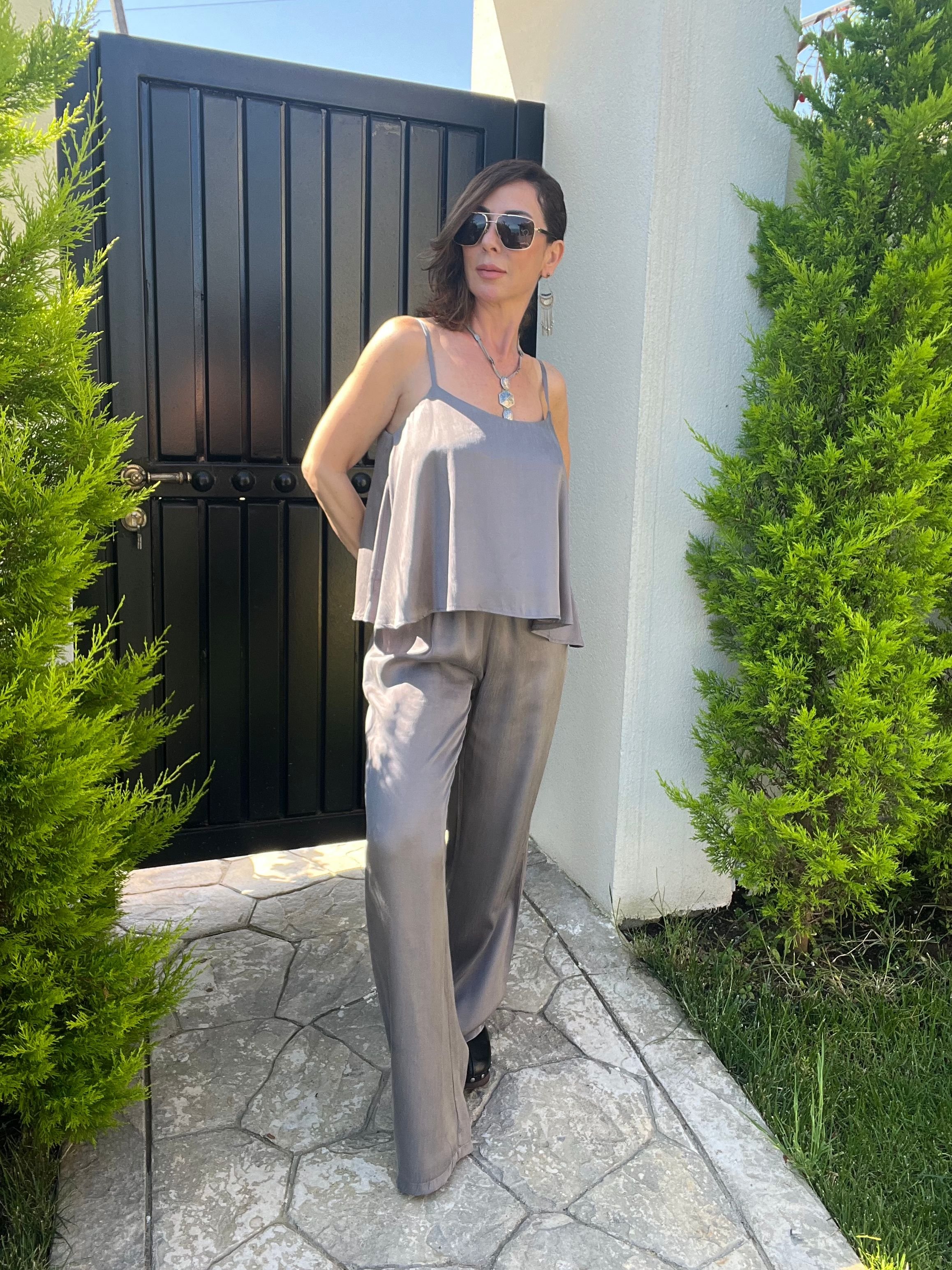 Abbra Kadın Askılı Bluz Pantolon Takım  - GRİ