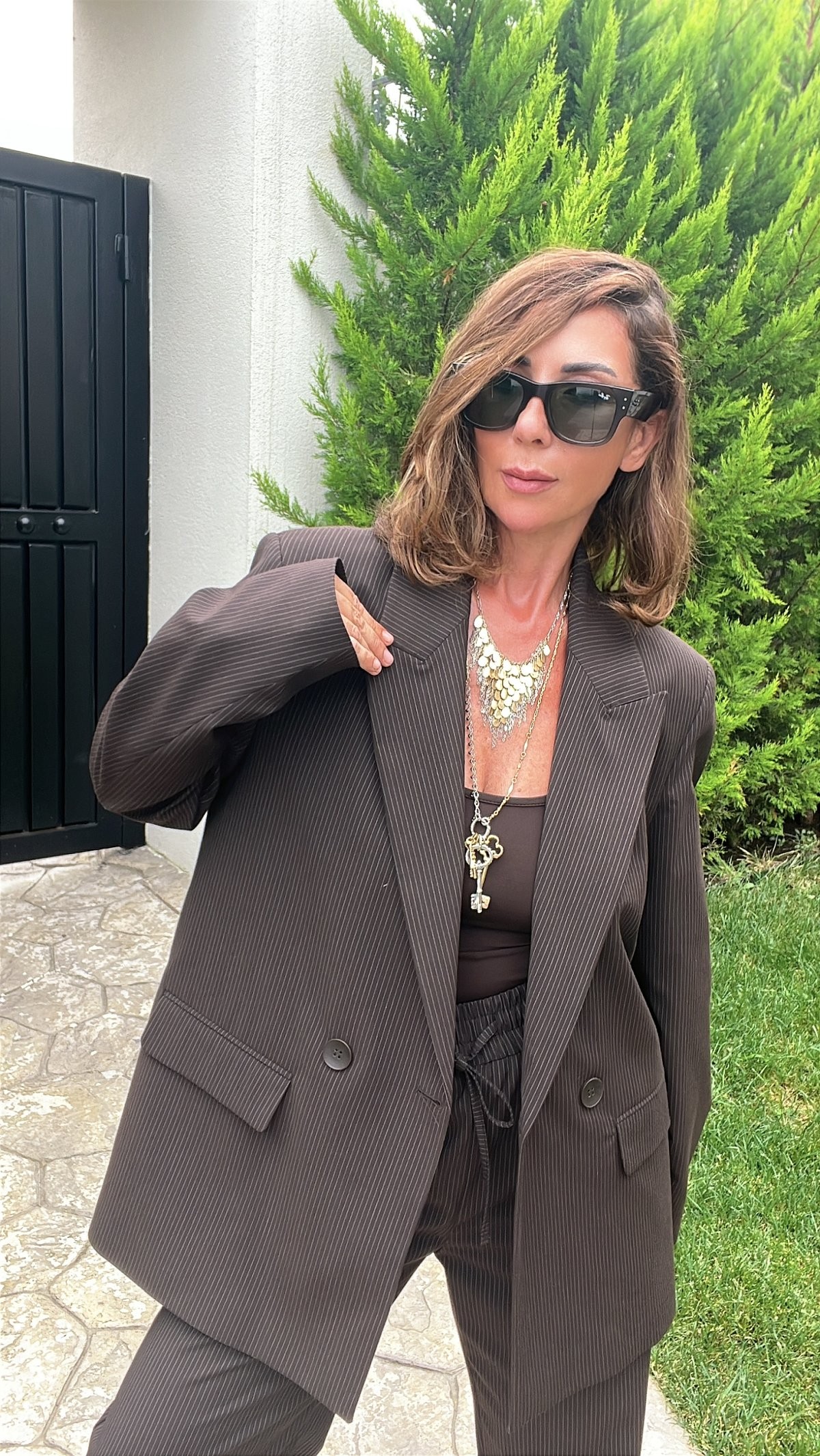 Abbra Kadın Çizgili Blazer Ceket  - SİYAH