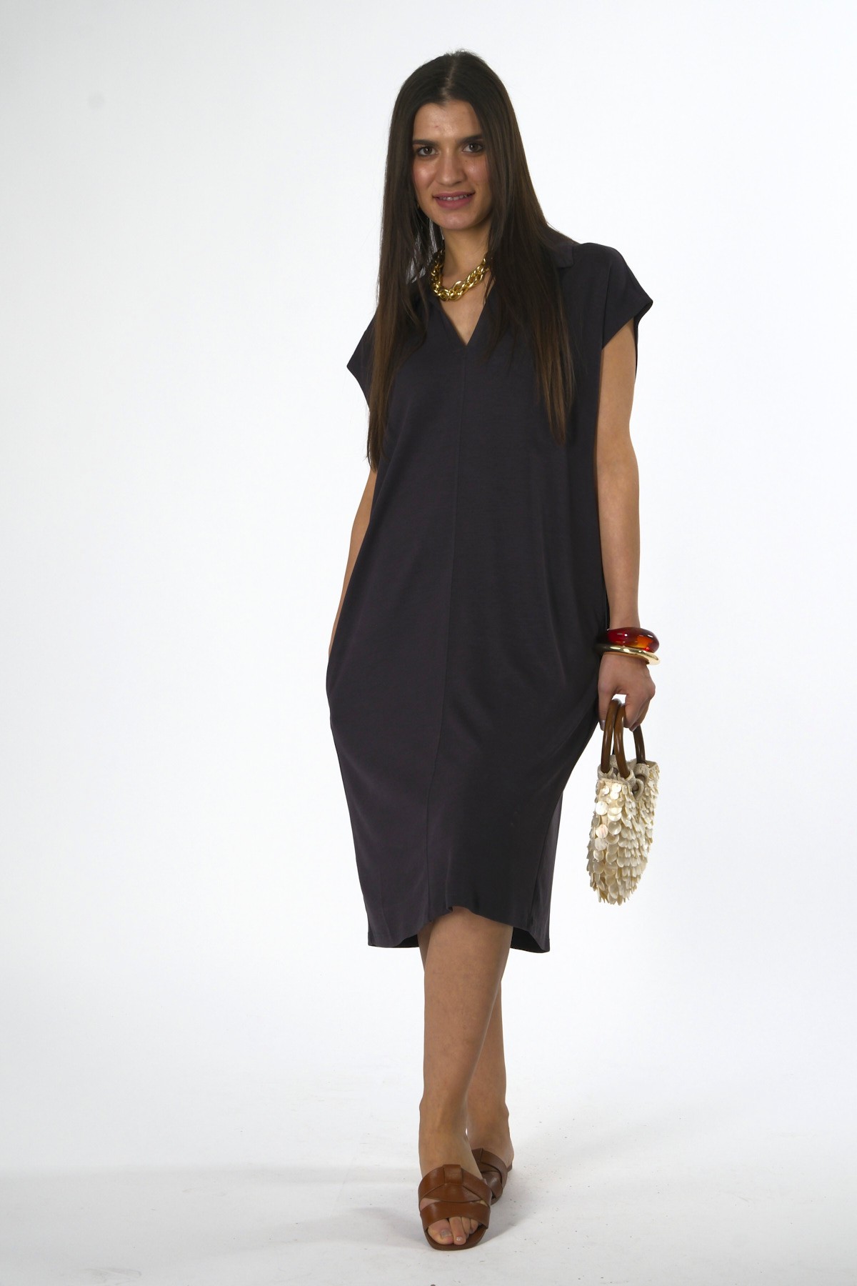 Abbra Kadın Modal Polo Yaka Oversize Elbise