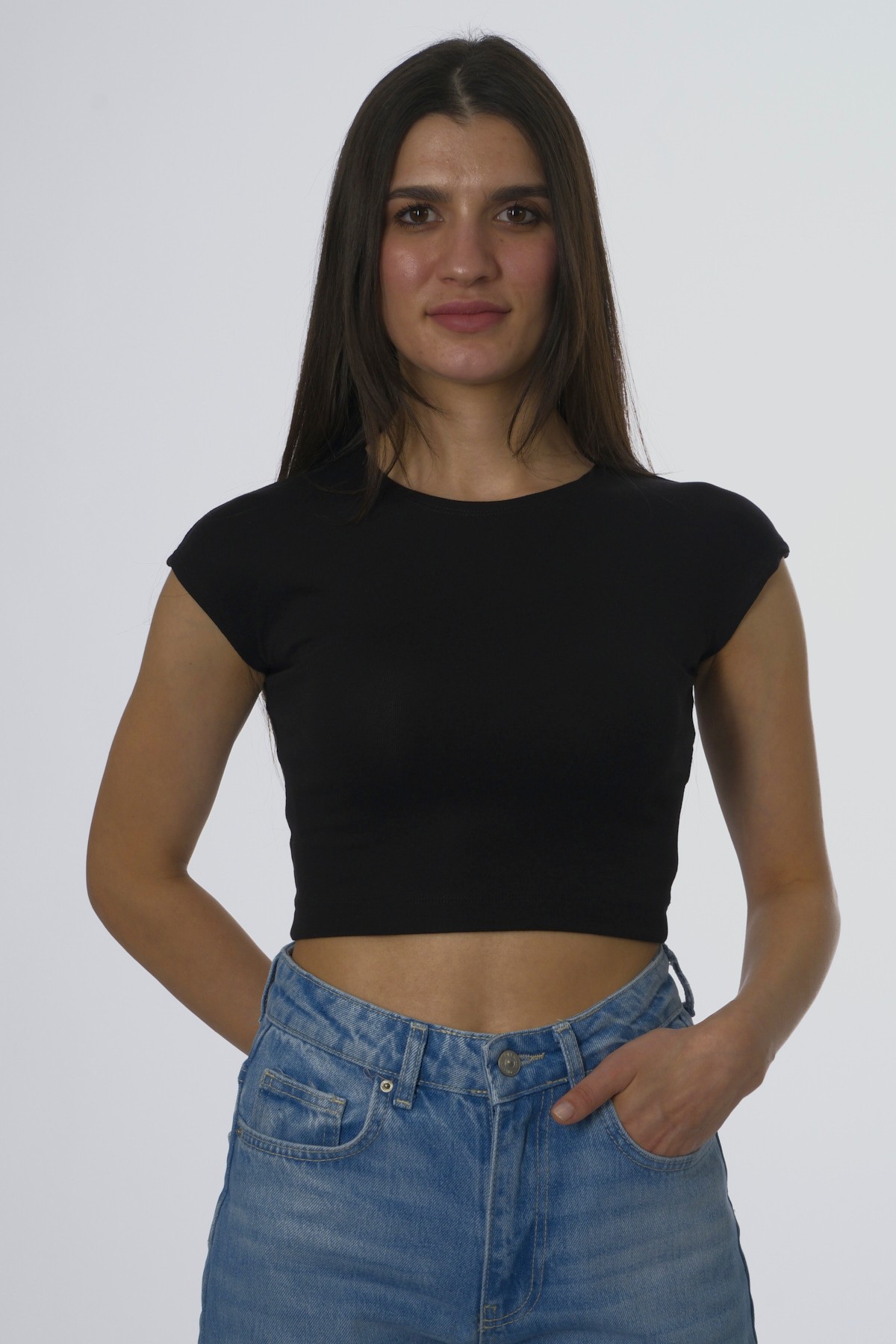 Abbra Kadın Pamuk Modal Karışımlı Crop Top - SİYAH