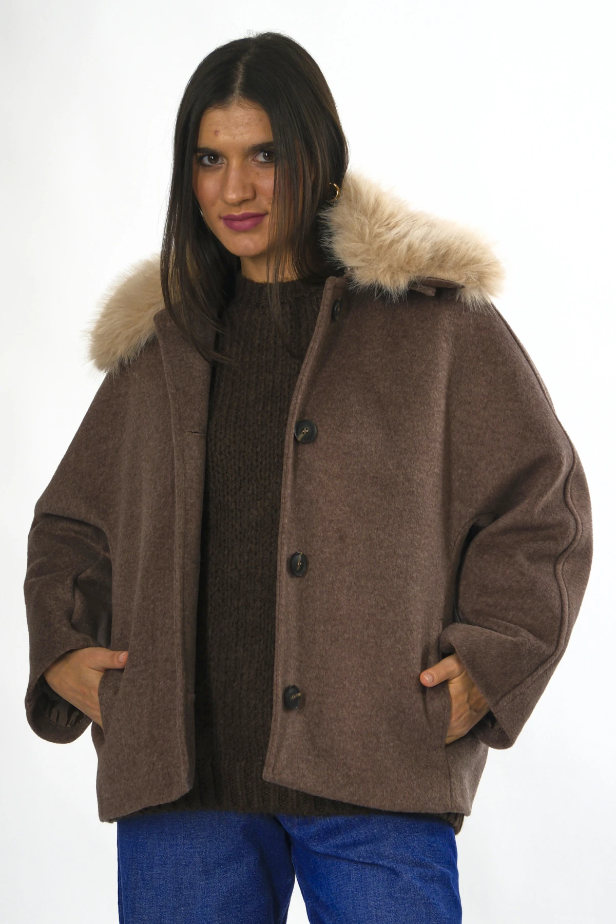 Abbra Kadın Çıkarılabilir Kürk Yaka Astarlı Kaban