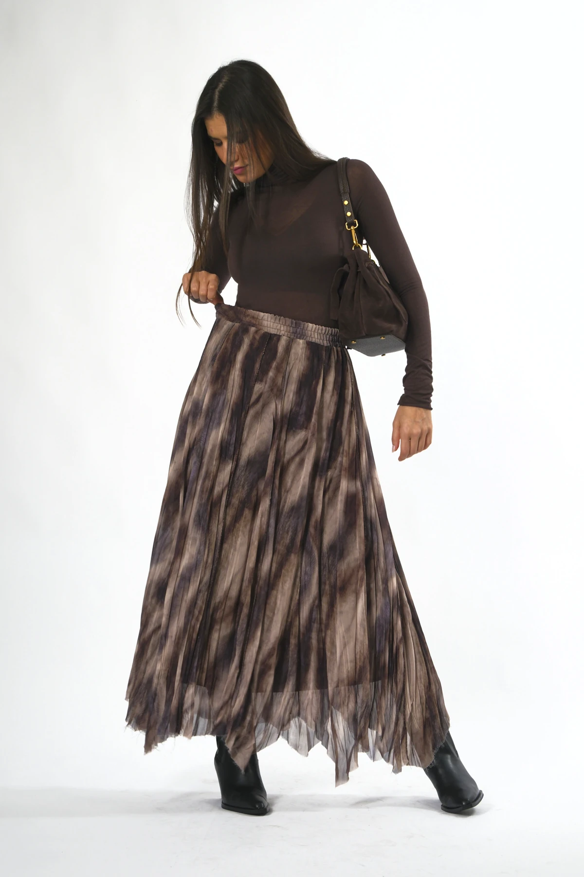 Abbra Kadın Beli Lastikli Astarlı Asimetrik Şifon Etek