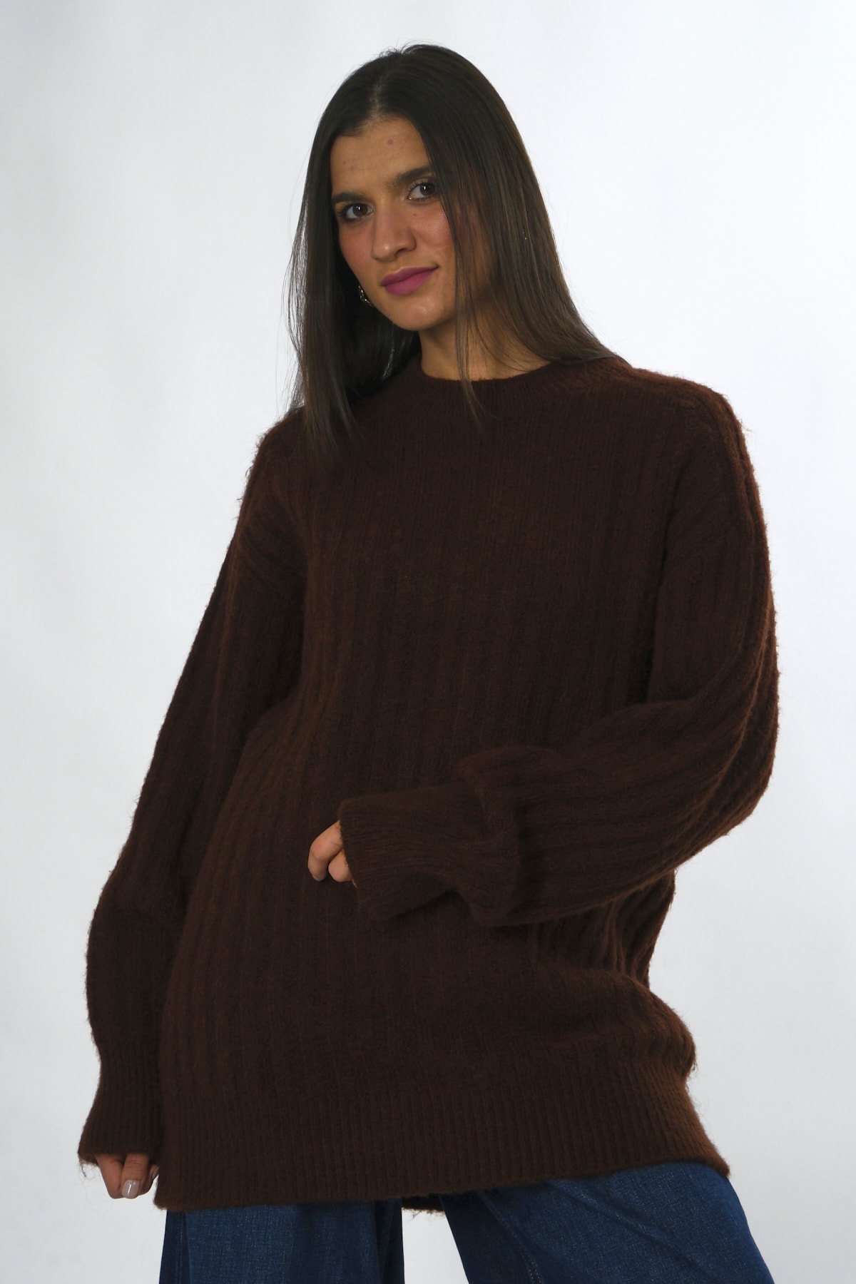 Abbra Kadın Bisiklet Yaka Oversize Fitilli Triko Kazak - KAHVE