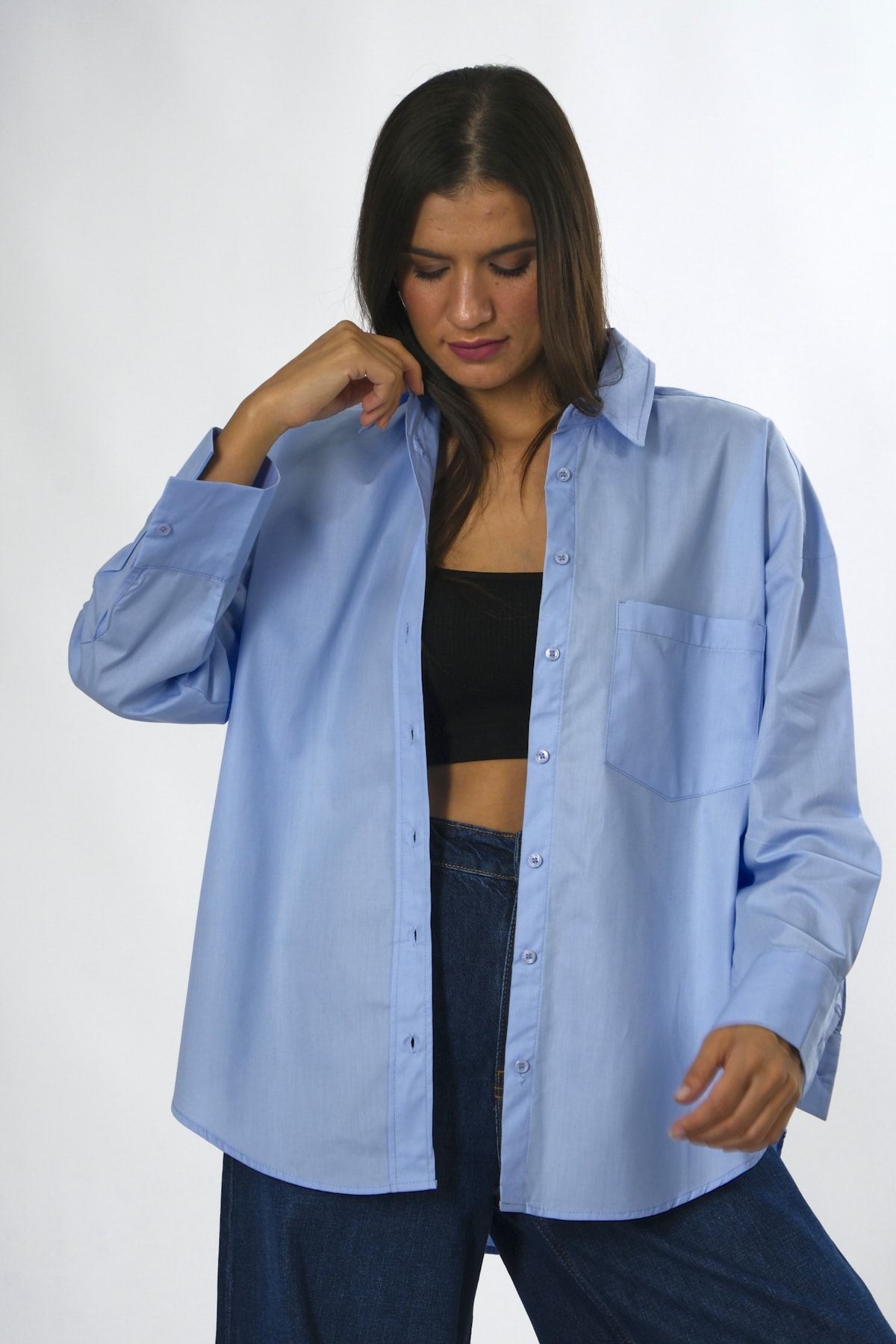 Abbra Kadın %100 Pamuk Tek Cepli Oversize Poplin Gömlek