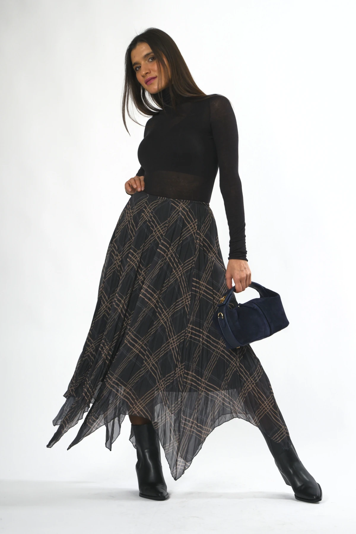 Kadın Beli Lastikli Astarlı Parçalı Ekose Etek - HAKİ