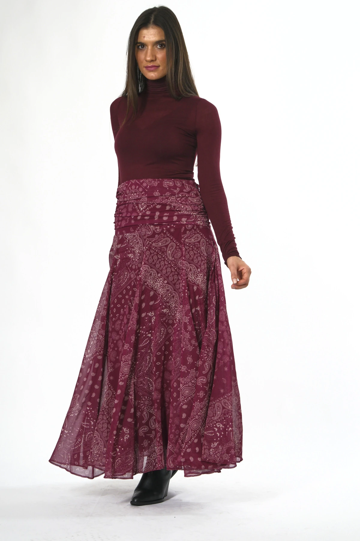 Abbra Kadın Bel Detaylı Şal Desen Astarlı Şifon Etek