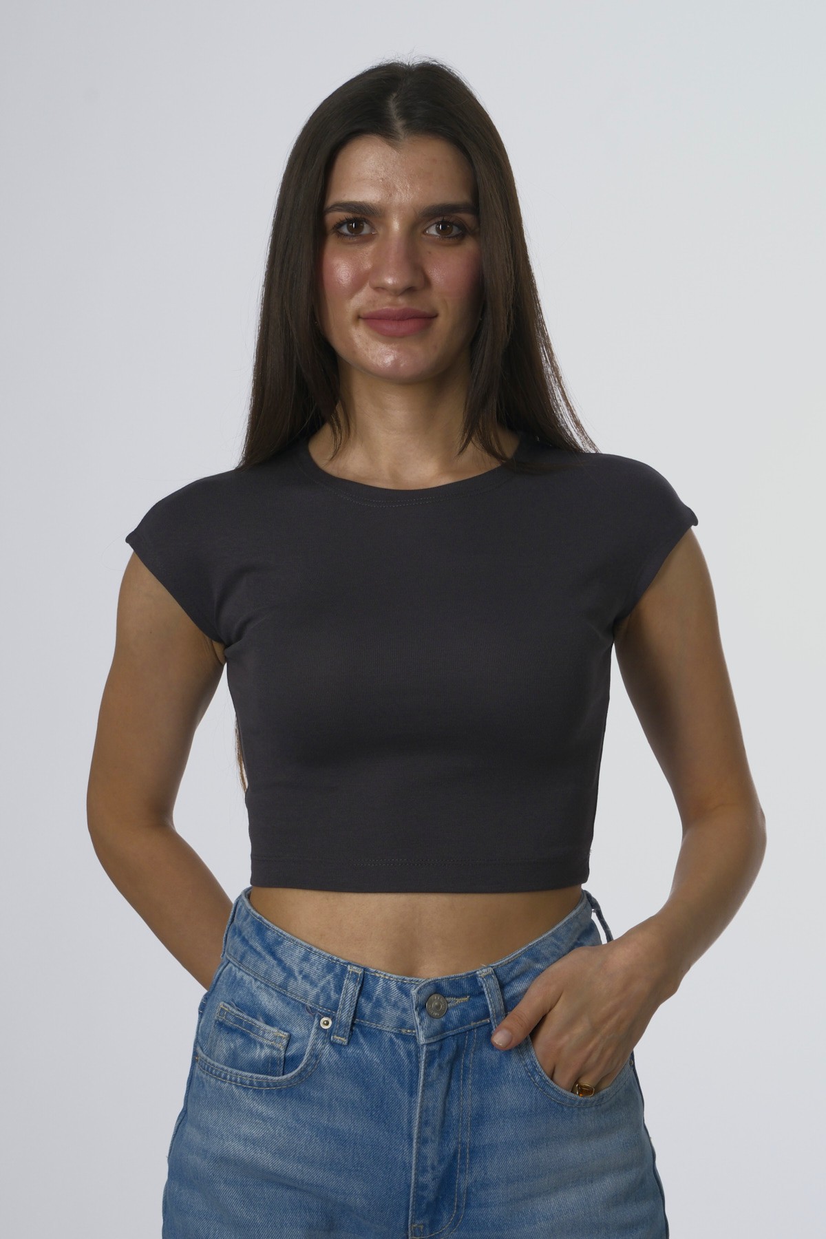Abbra Kadın Pamuk Modal Karışımlı Crop Top - ANTRASİT