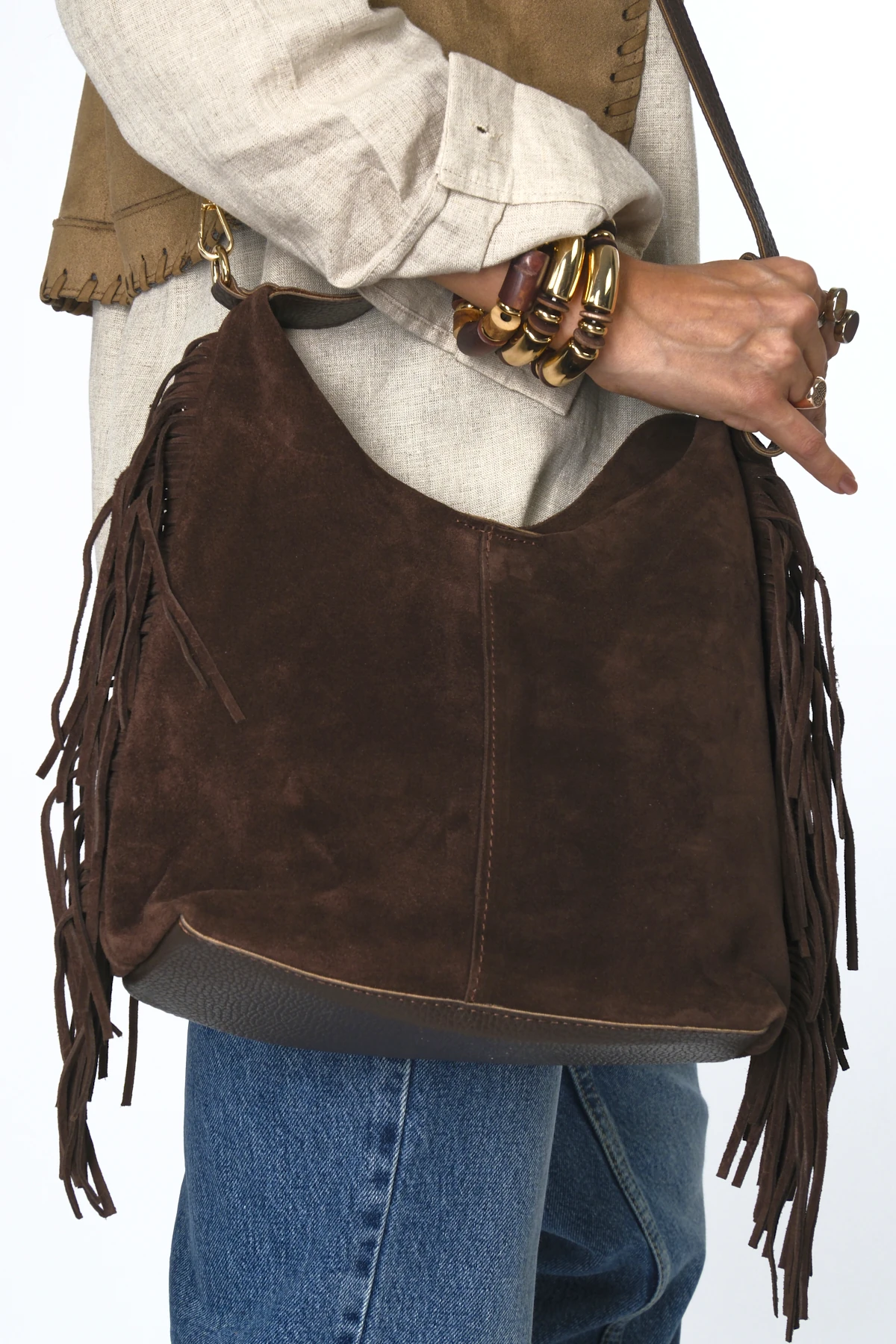 Abbra Kadın Gerçek Süet Deri Yanları Püsküllü Yavrulu Çanta