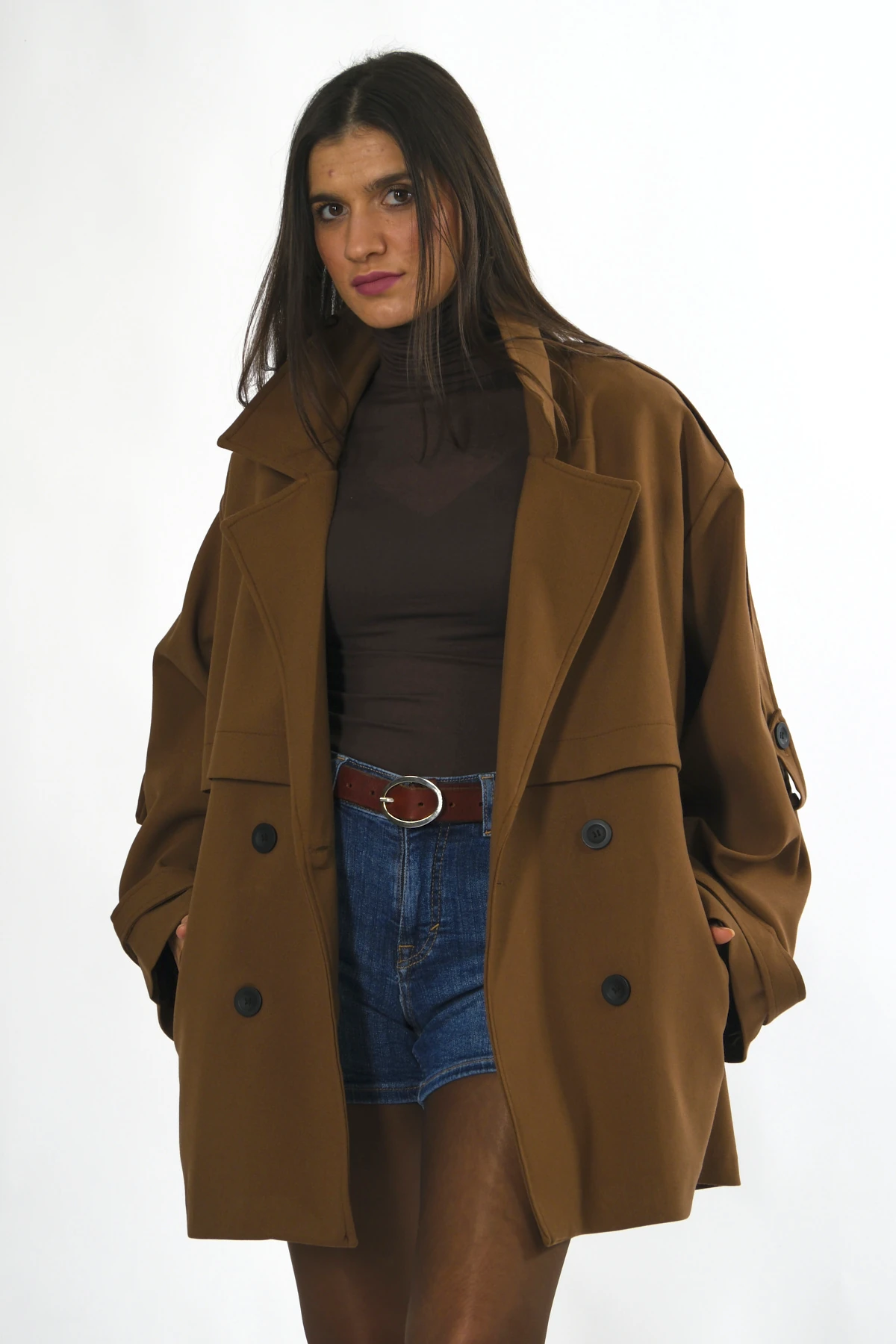 Kadın Kuşaklı Astarlı Oversize Kısa Trenç - AÇIK KAHVE