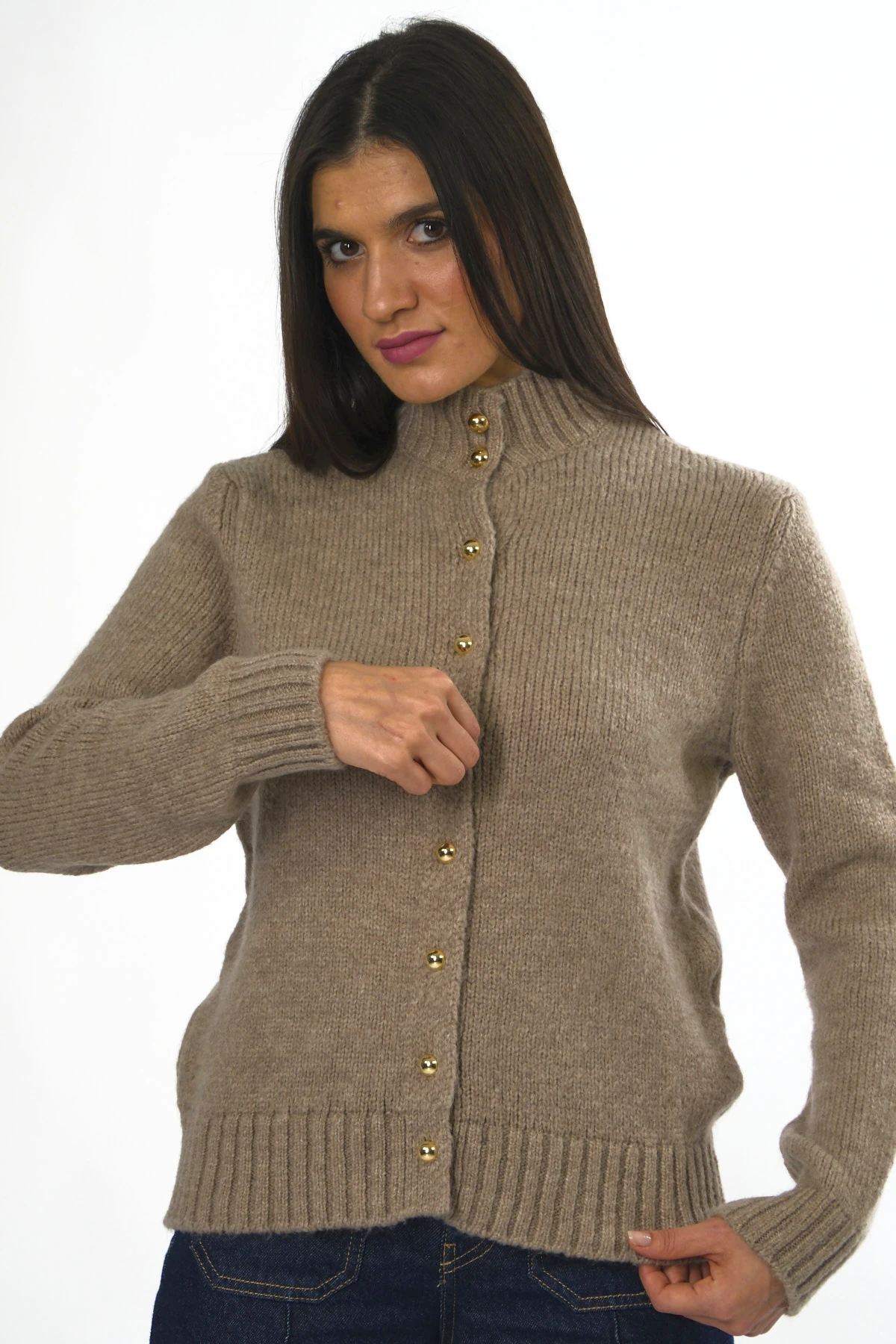 Abbra Kadın Boğazlı Düğmeli Hırka - VİZON