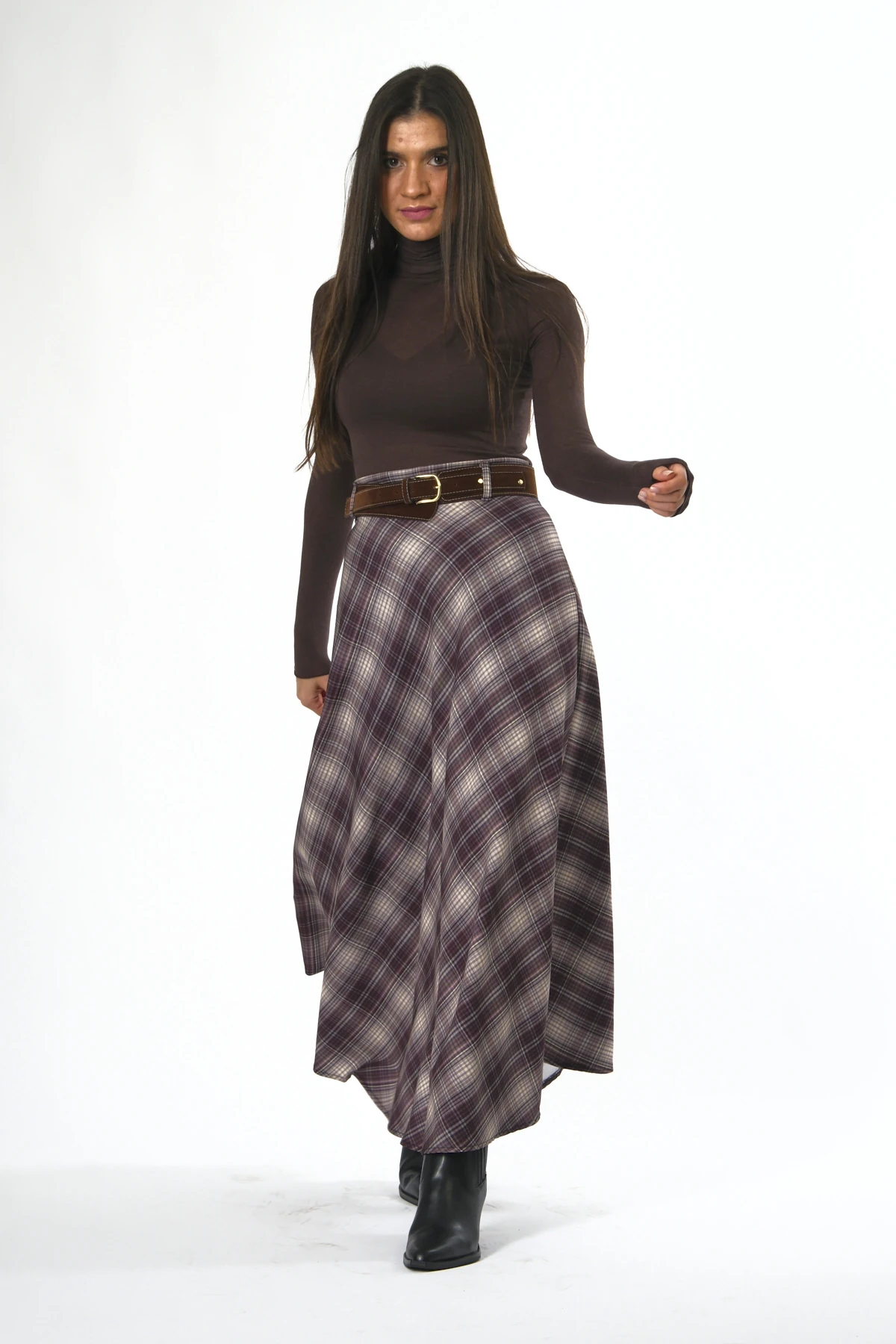 Abbra Kadın Ekoseli Astarlı Kemerli Etek