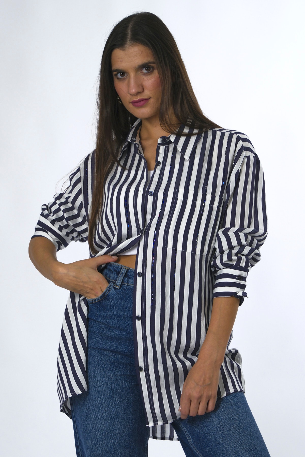 Abbra Kadın Oversize Taşlı Çizgili Cepli Gömlek
