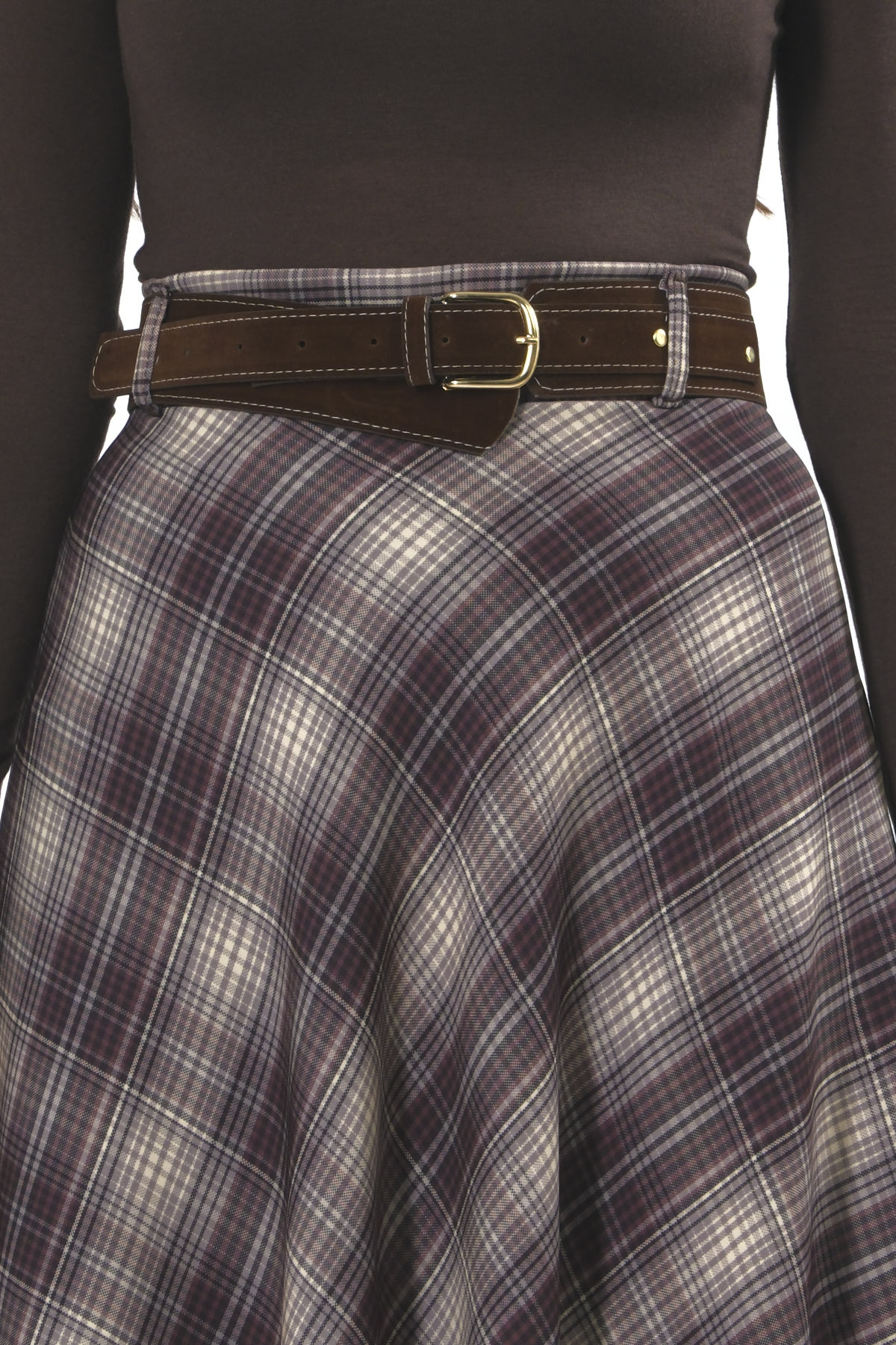 Abbra Kadın Ekoseli Astarlı Kemerli Etek