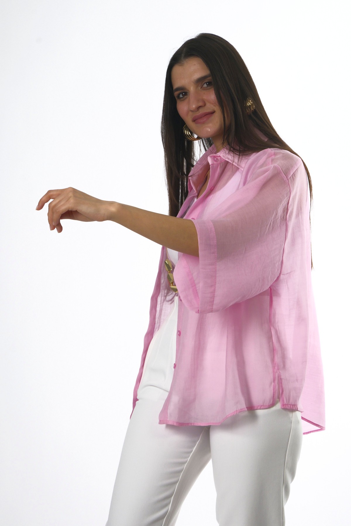 Abbra Kadın İpeksi Kısa Kol Oversize Gömlek