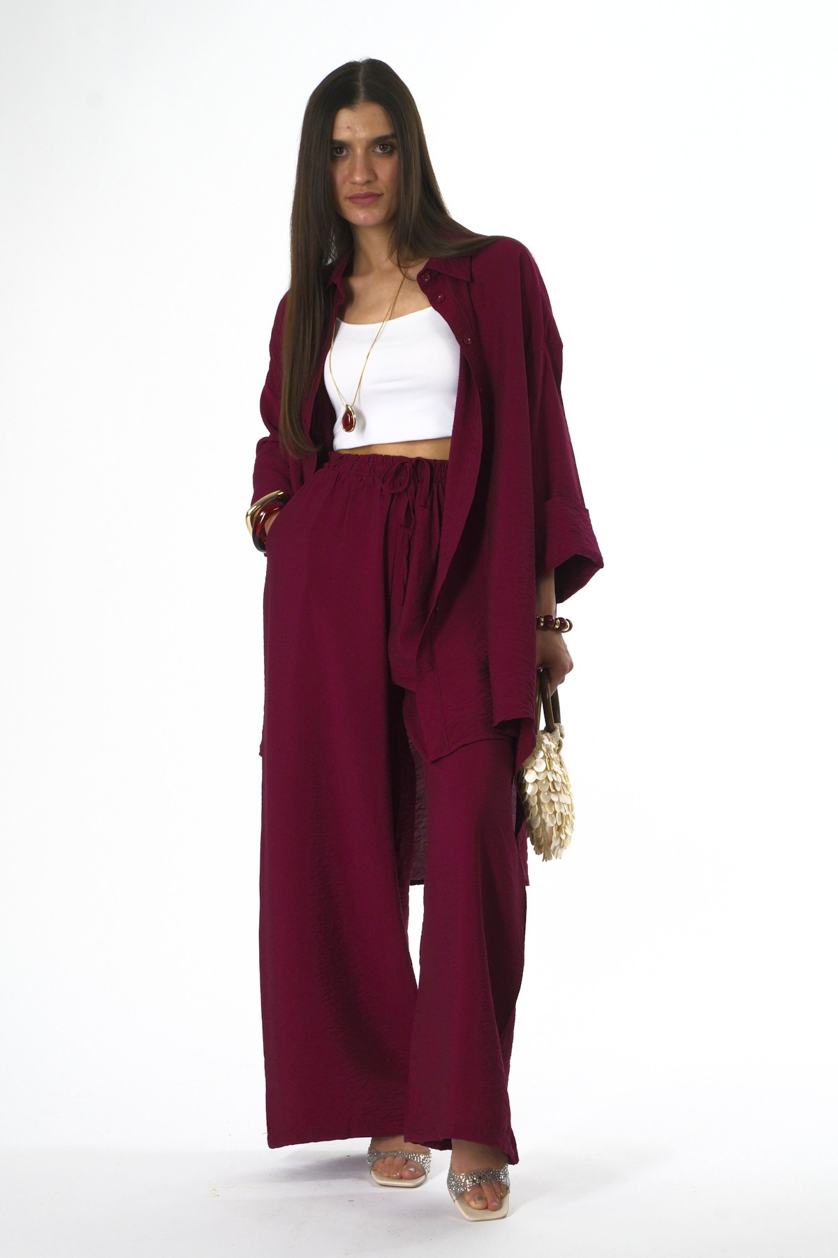 Abbra Kadın Arkası Uzun Oversize Gömlek Pantolon Takım - BORDO