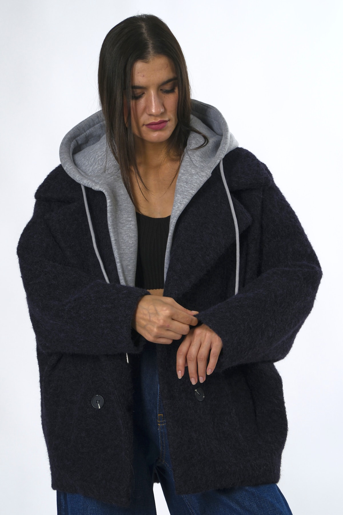 Abbra Kadın Kapişon Detaylı Astarlı Oversize Kaşmir Ceket