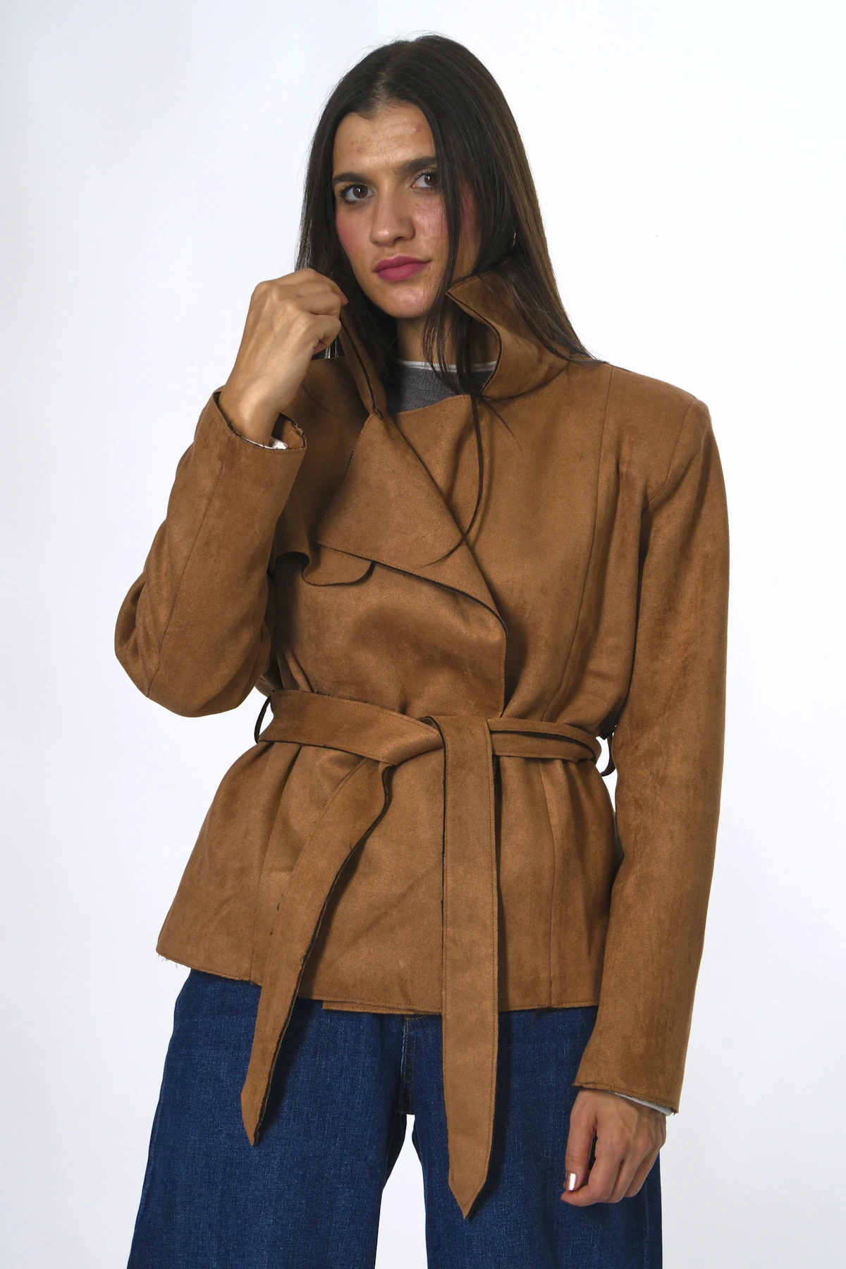 Abbra Kadın Vatkalı Kuşaklı Nubuk Ceket