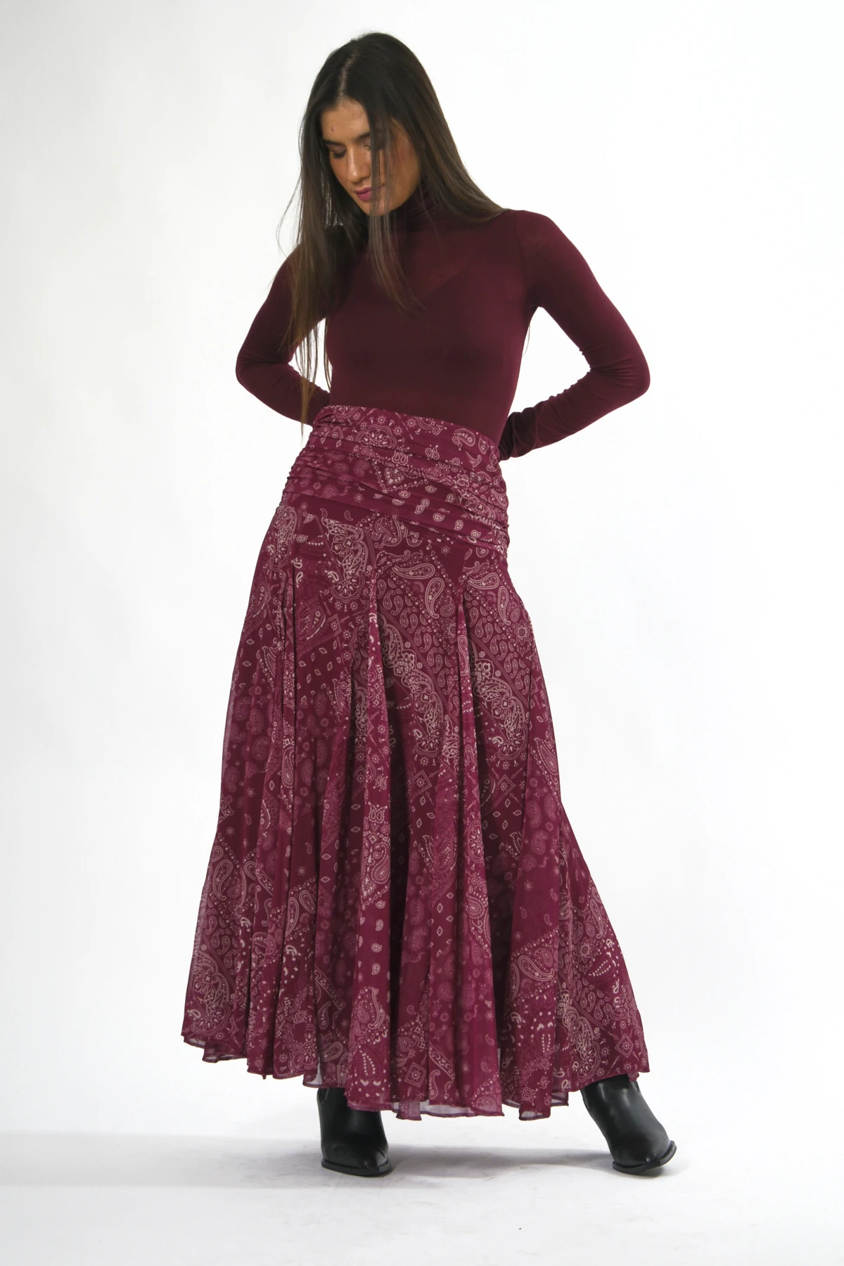 Abbra Kadın Bel Detaylı Şal Desen Astarlı Şifon Etek