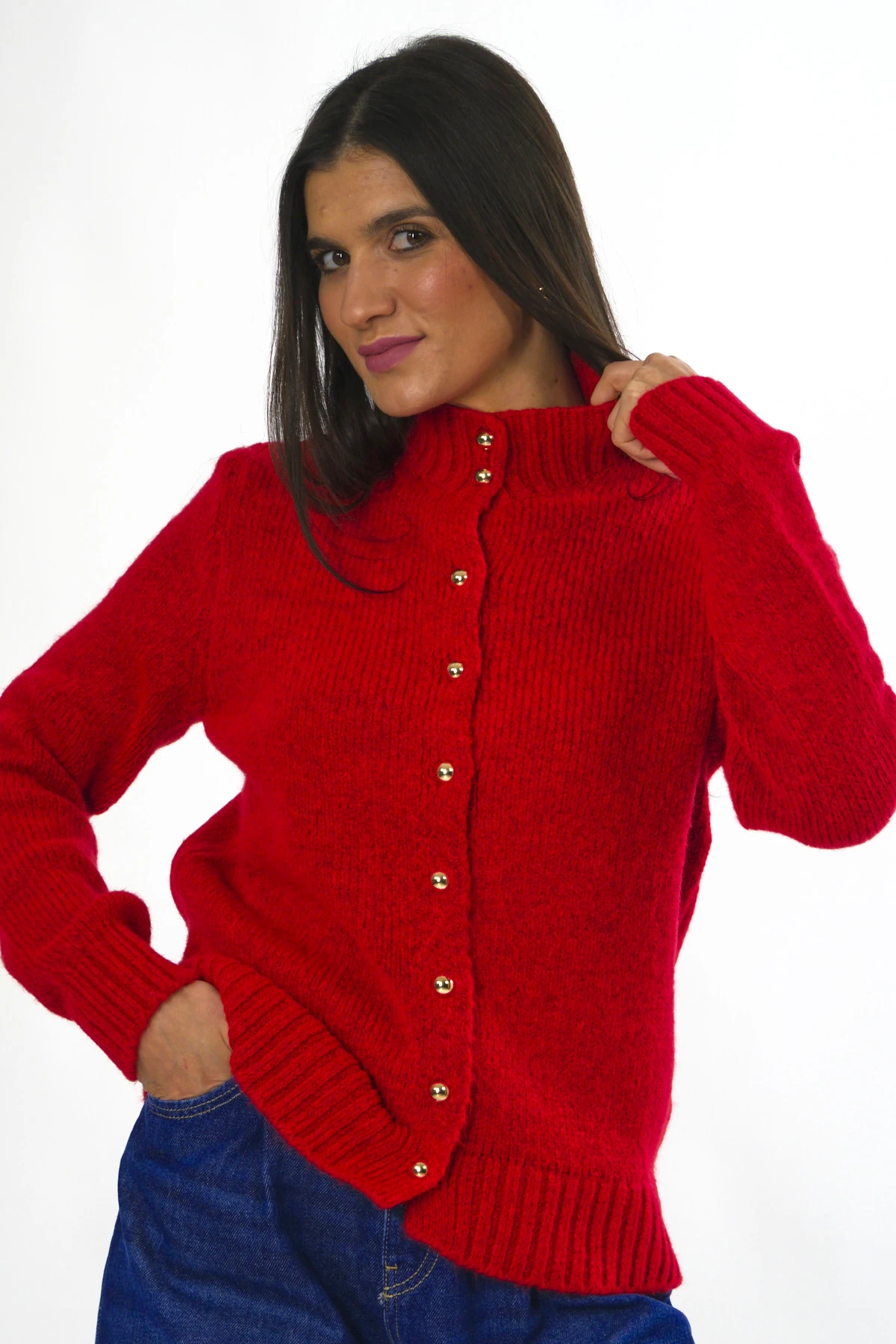 Abbra Kadın Boğazlı Düğmeli Hırka - KIRMIZI