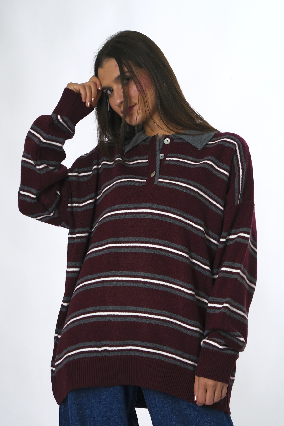 Abbra Kadın Düğmeli Polo Yaka Oversize Kazak