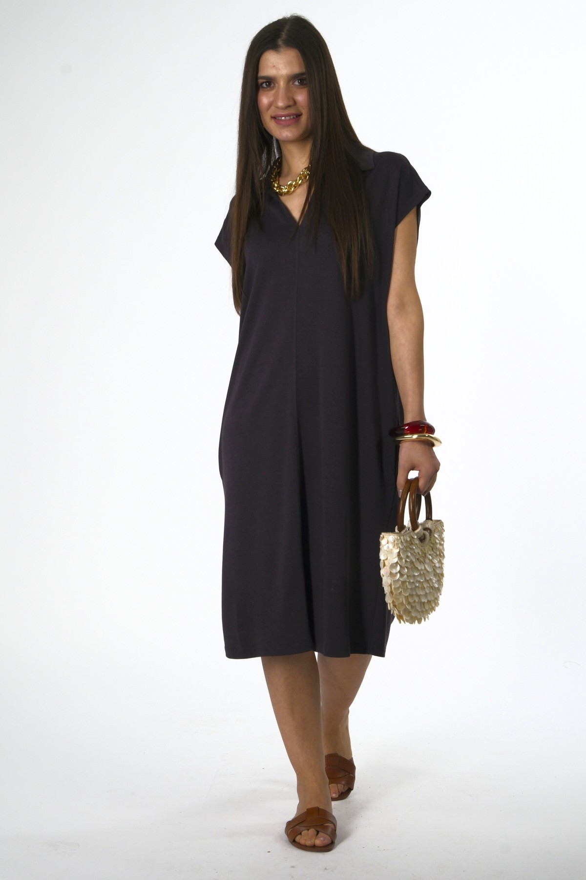 Abbra Kadın Modal Polo Yaka Oversize Elbise