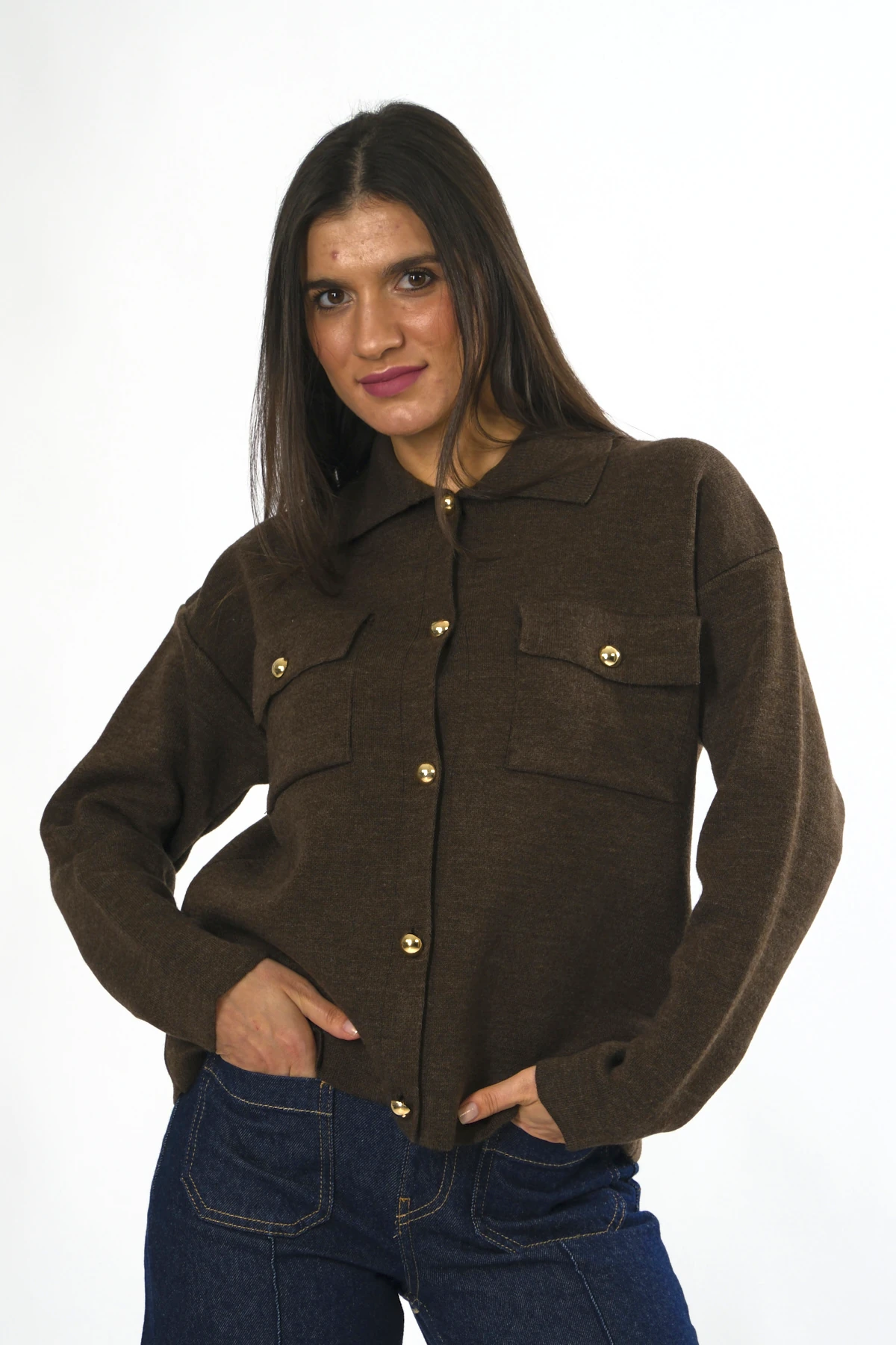 Abbra Kadın Cepli Düğmeli Triko Hırka - KAHVE