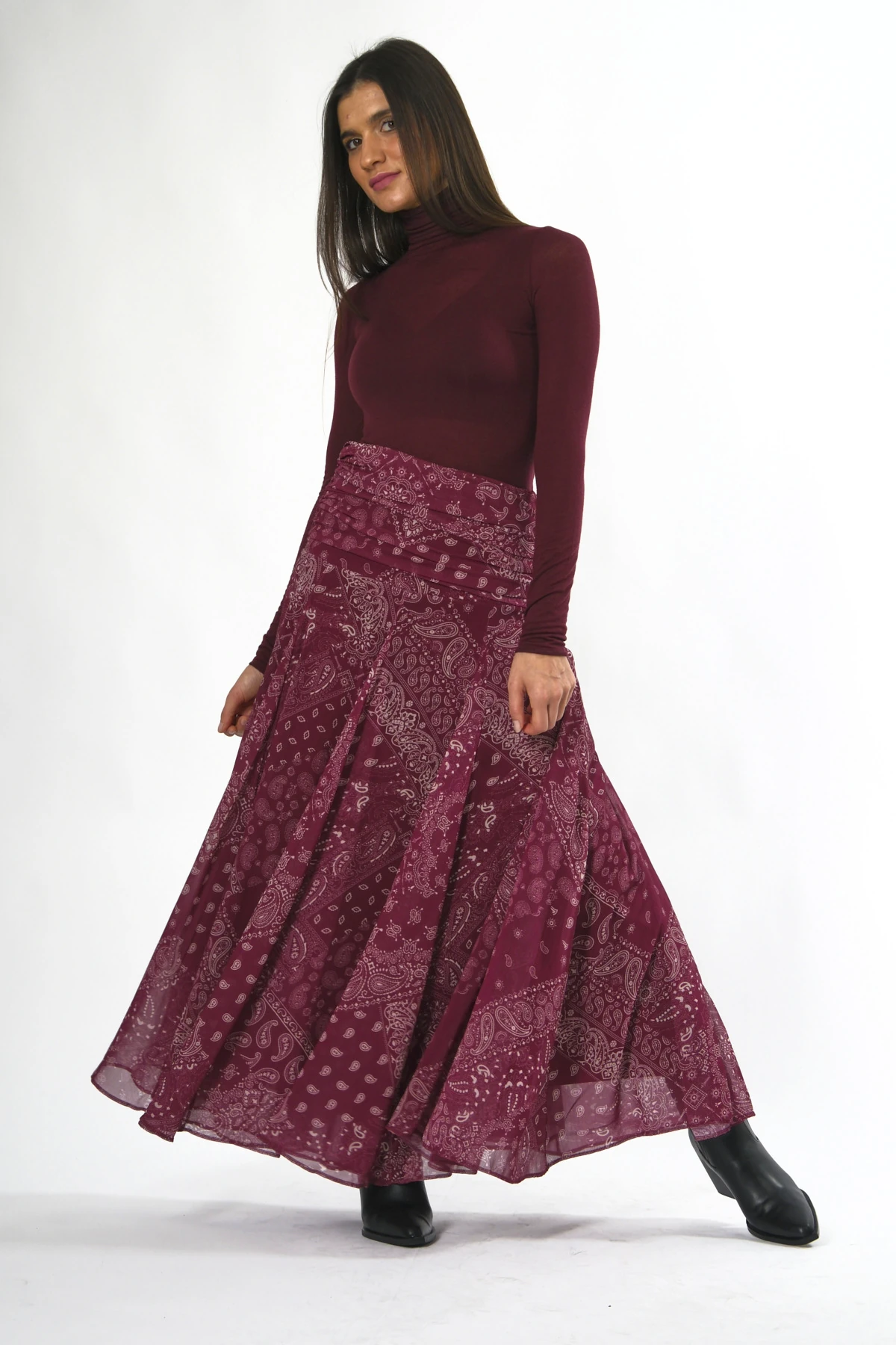 Abbra Kadın Bel Detaylı Şal Desen Astarlı Şifon Etek