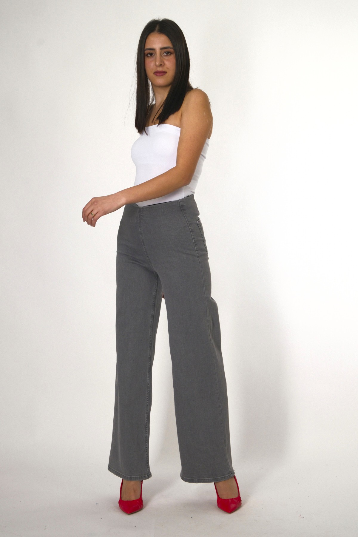 Abbra Kadın Beli Lastik Detaylı Jean - GRİ