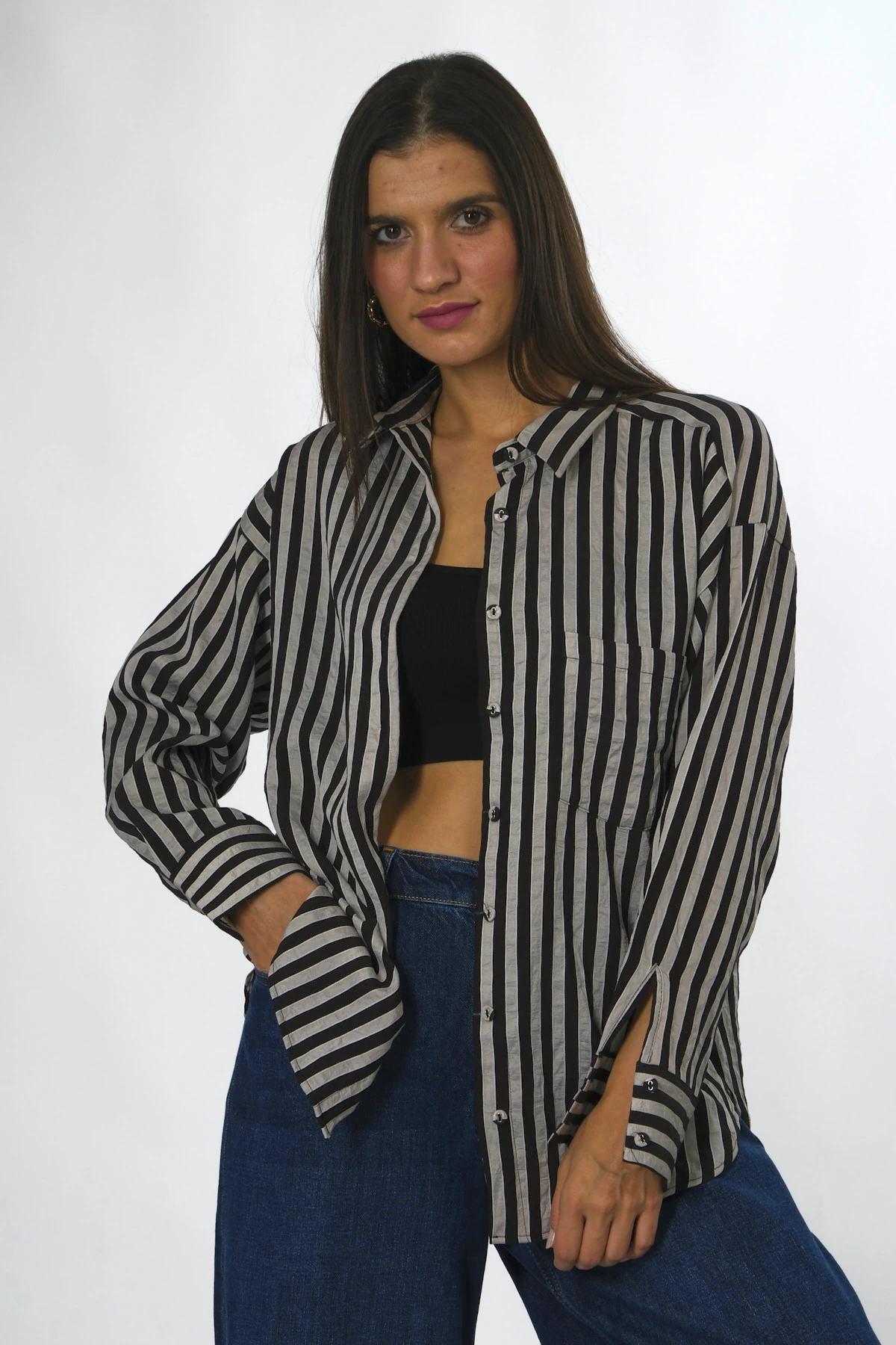 Abbra Kadın Multi Çizgili Cepli Gömlek