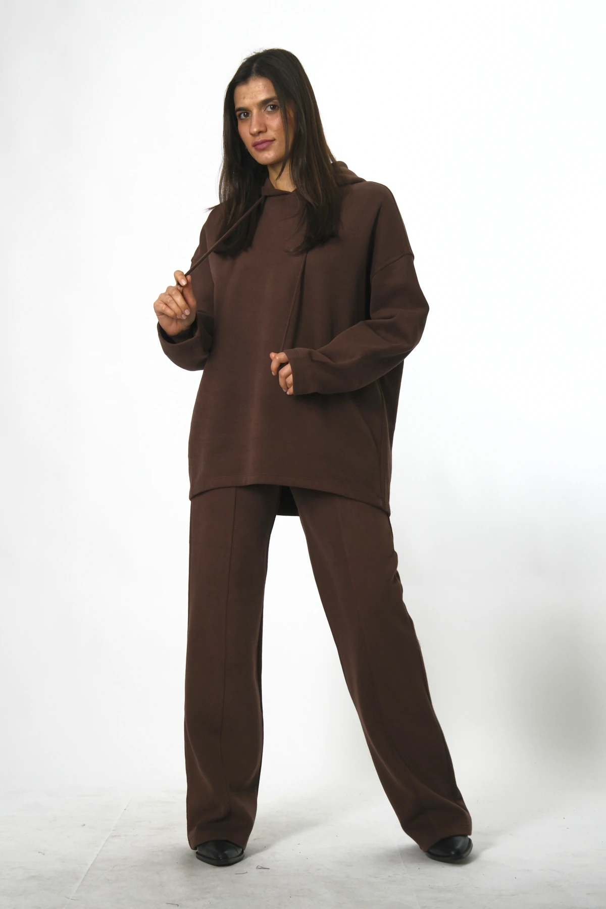 Abbra Kadın Kapüşonlu Beli Lastikli Triko Takım