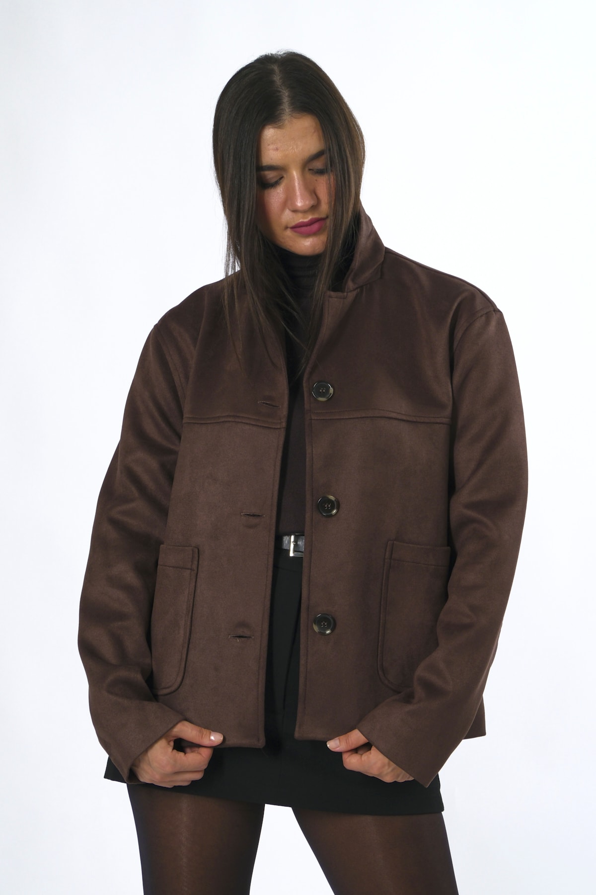 Abbra Kadın Süet Önü Cepli Ceket - KAHVE