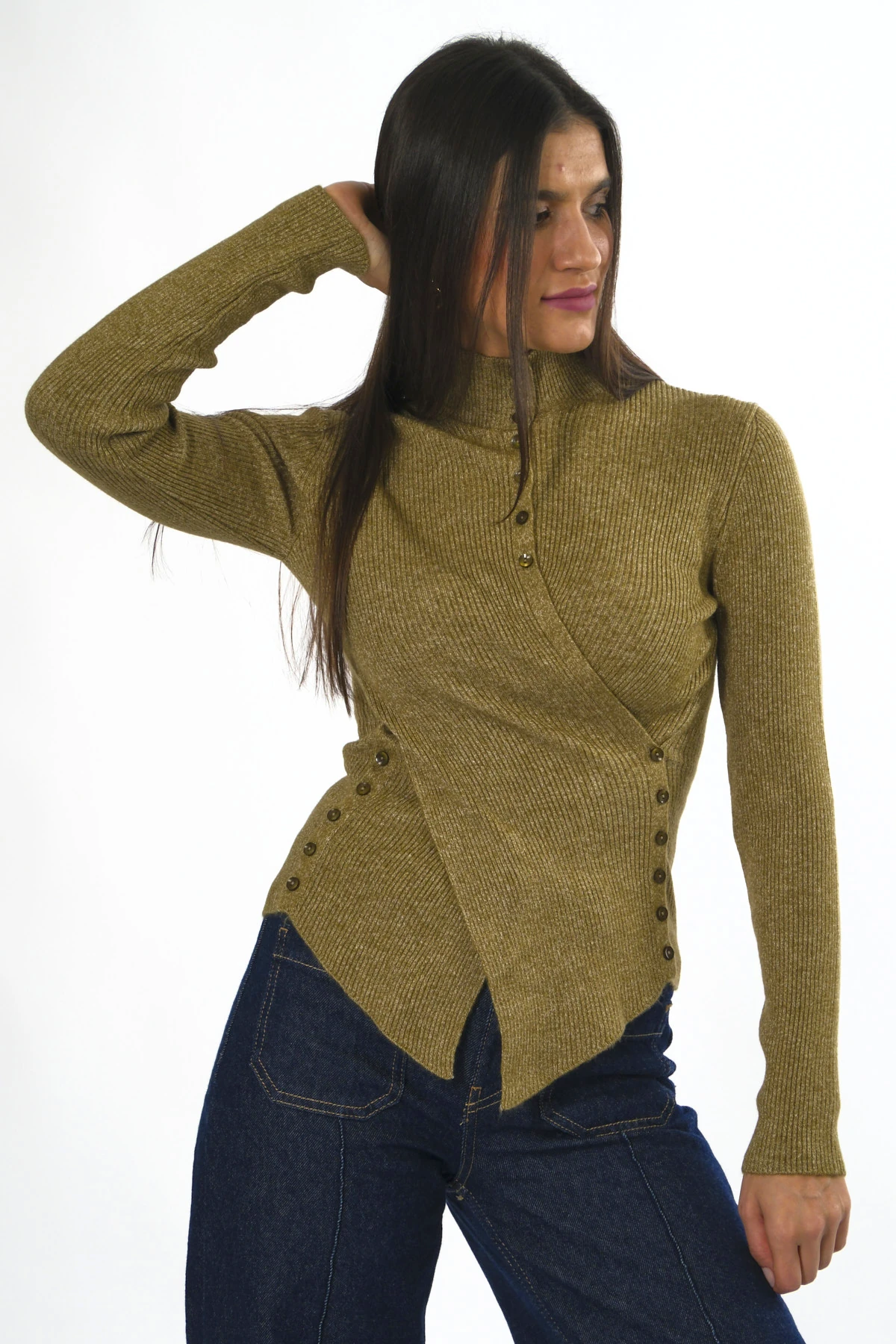 Abbra Kadın Belden Düğmeli Kazak