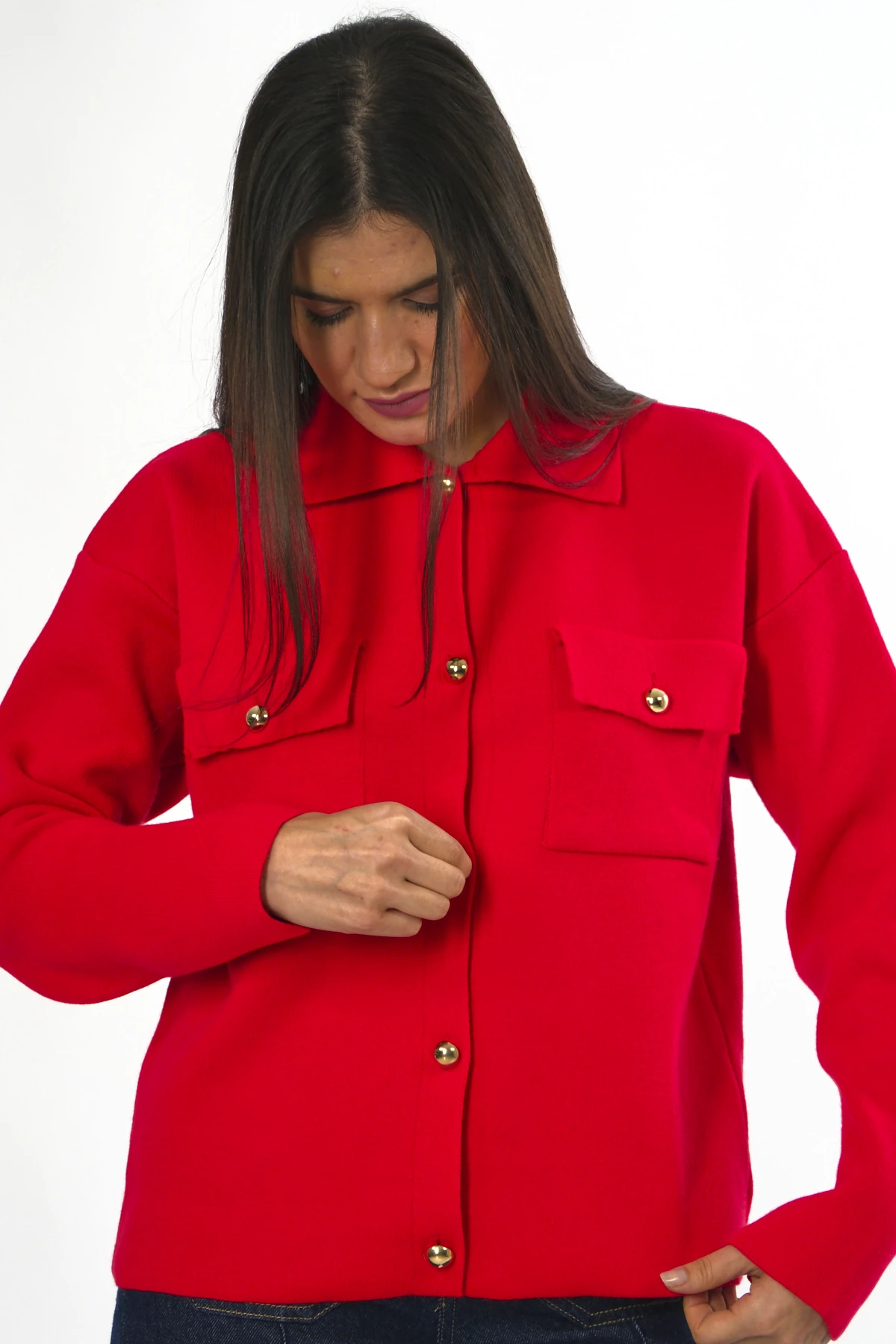 Abbra Kadın Cepli Düğmeli Triko Hırka