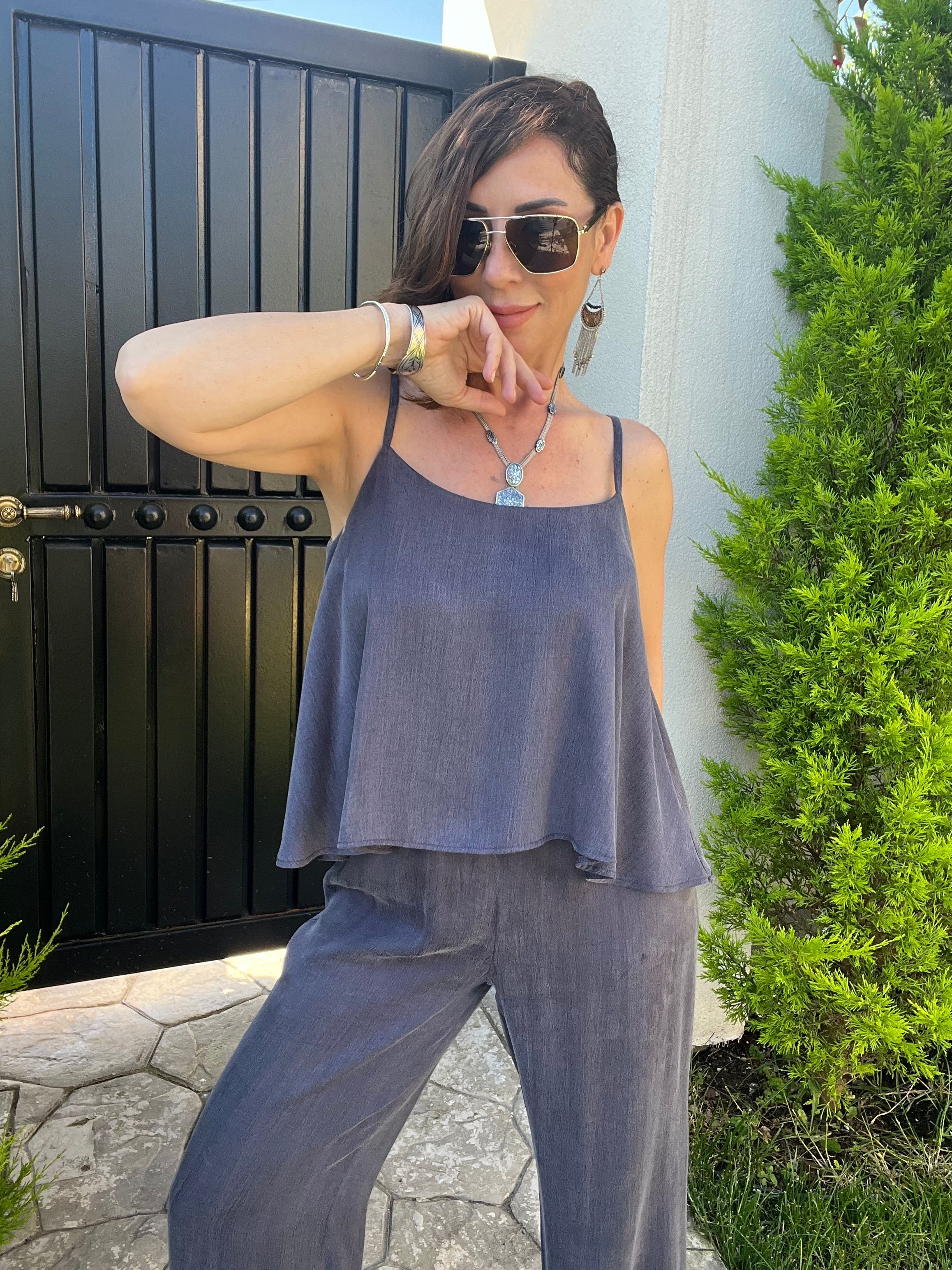 Abbra Kadın Askılı Bluz Pantolon Takım  - İNDİGO