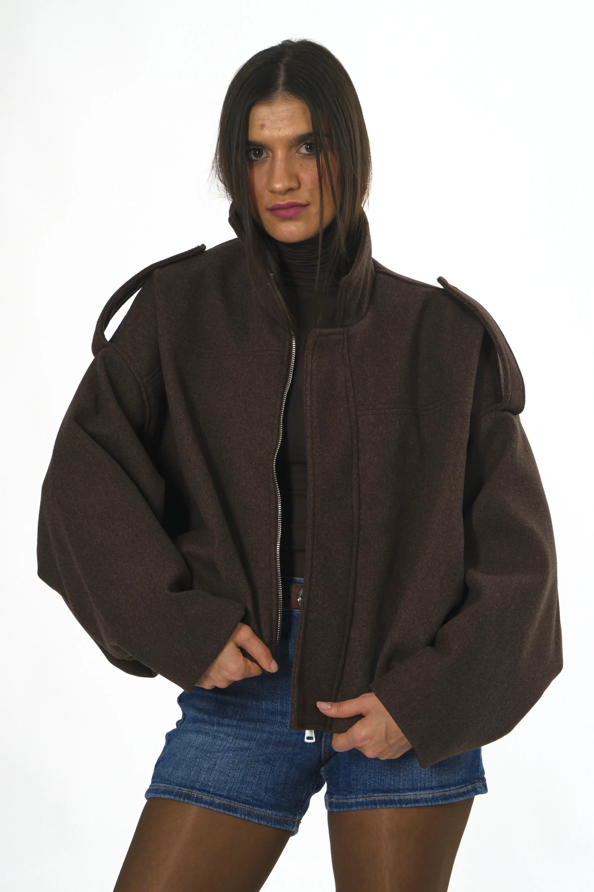 Abbra Kadın Pileli Astarlı Kaşe Bomber Ceket