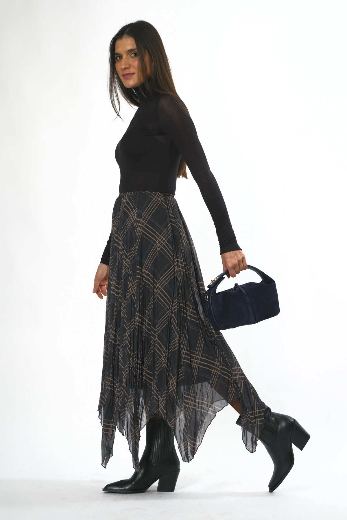 Kadın Beli Lastikli Astarlı Parçalı Ekose Etek