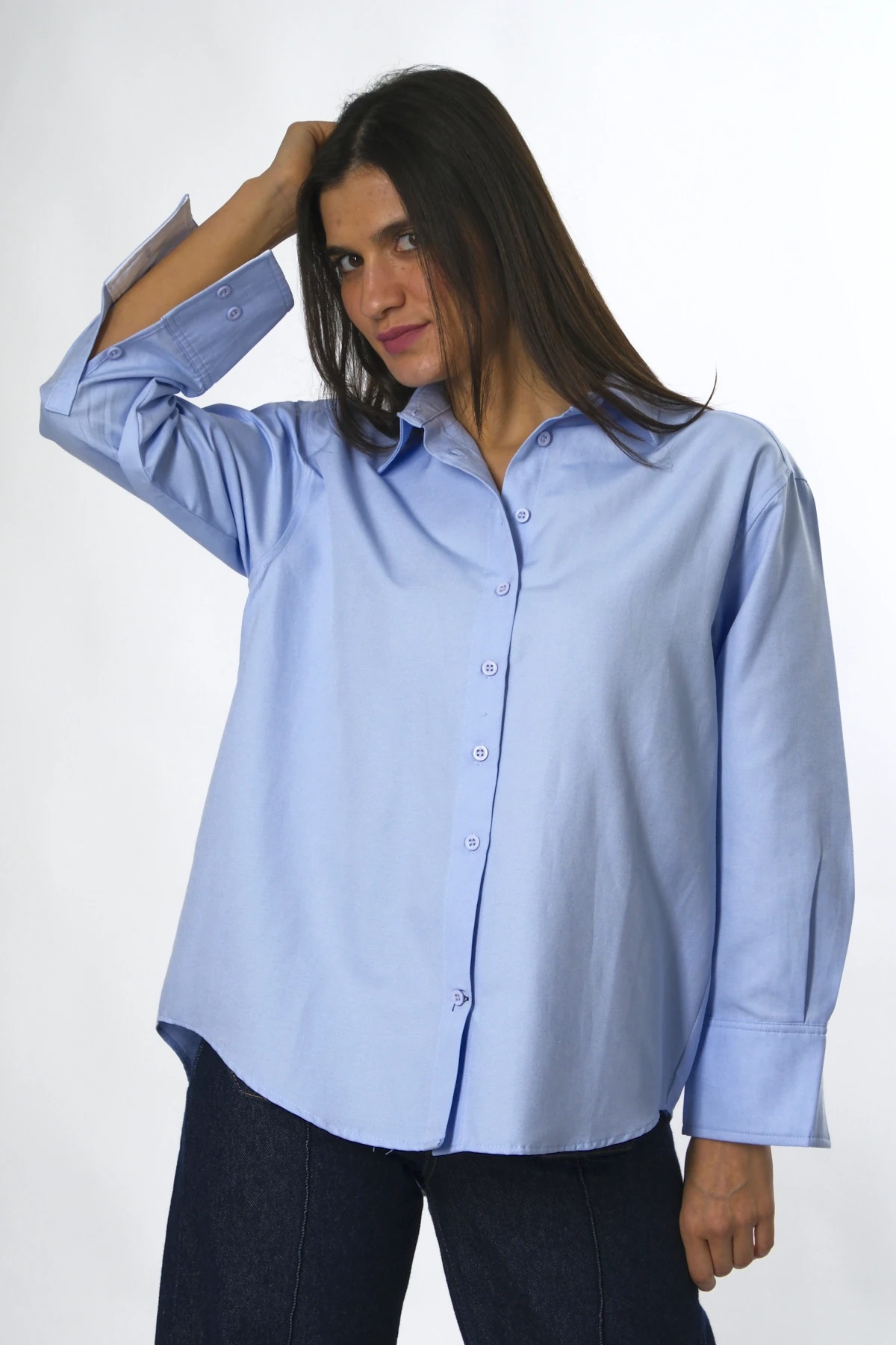 Abbra Kadın Pamuklu Kolu Beyaz Manşetli Gömlek