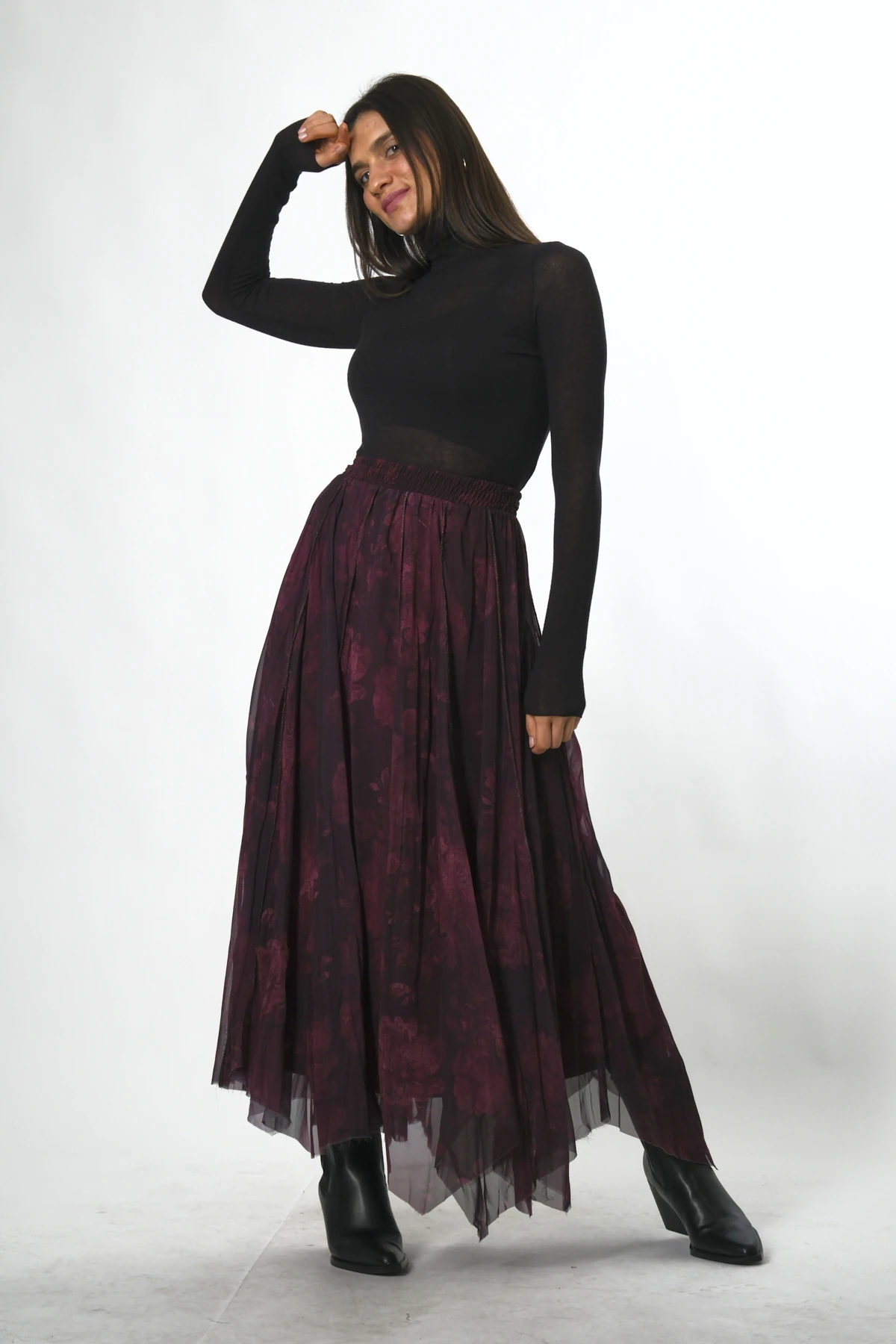 Abbra Kadın Astarlı Beli Lastikli Desenli Şifon Etek