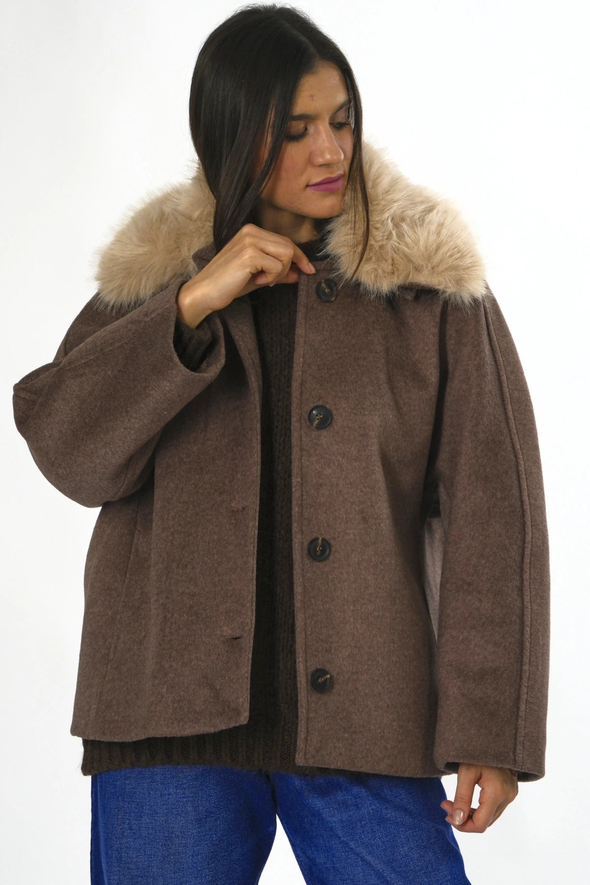 Abbra Kadın Çıkarılabilir Kürk Yaka Astarlı Kaban