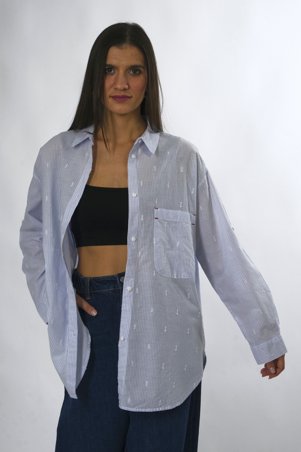 Abbra Kadın %100 Pamuk İlmek Baskılı Oversize Gömlek