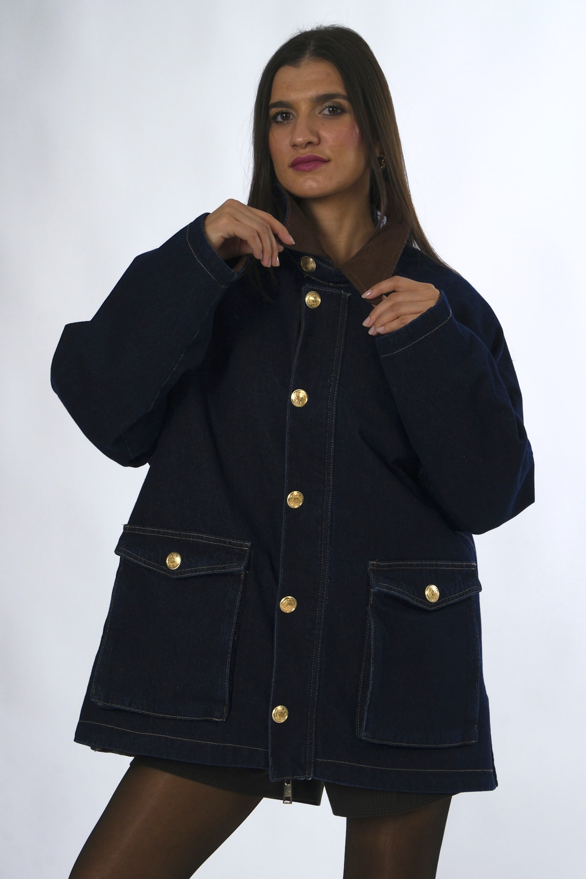Abbra Kadın Kadife Yaka Oversize Kot Ceket - LACİVERT