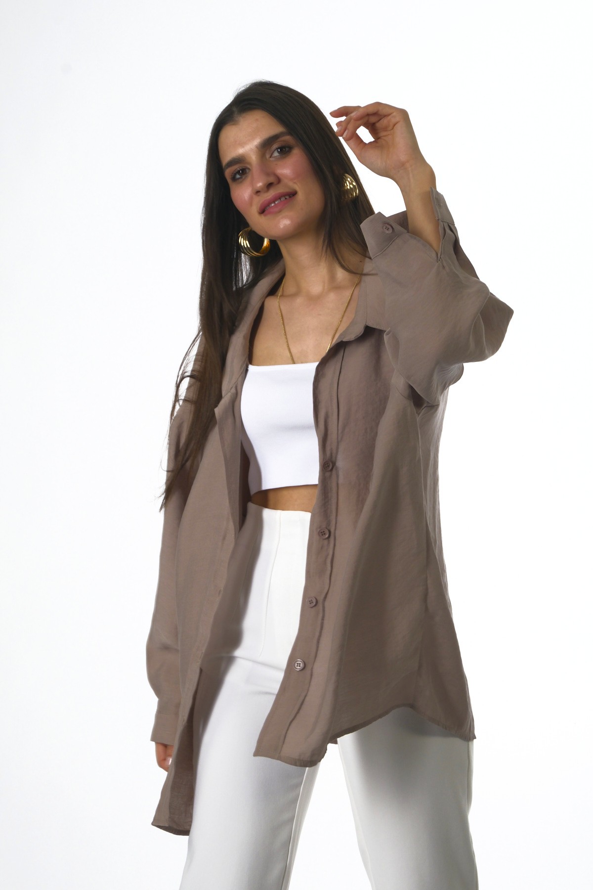 Abbra Kadın Düşük Omuzlu Modal Oversize Gömlek