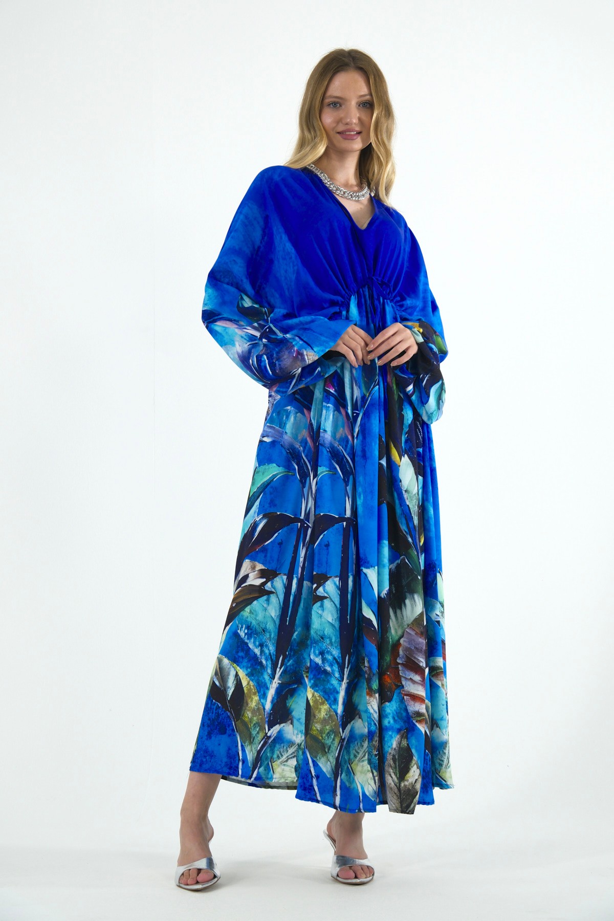 Abbra Kadın Bağcık Detaylı Oversize %100 Viskon Yazlık Elbise - İNDİGO