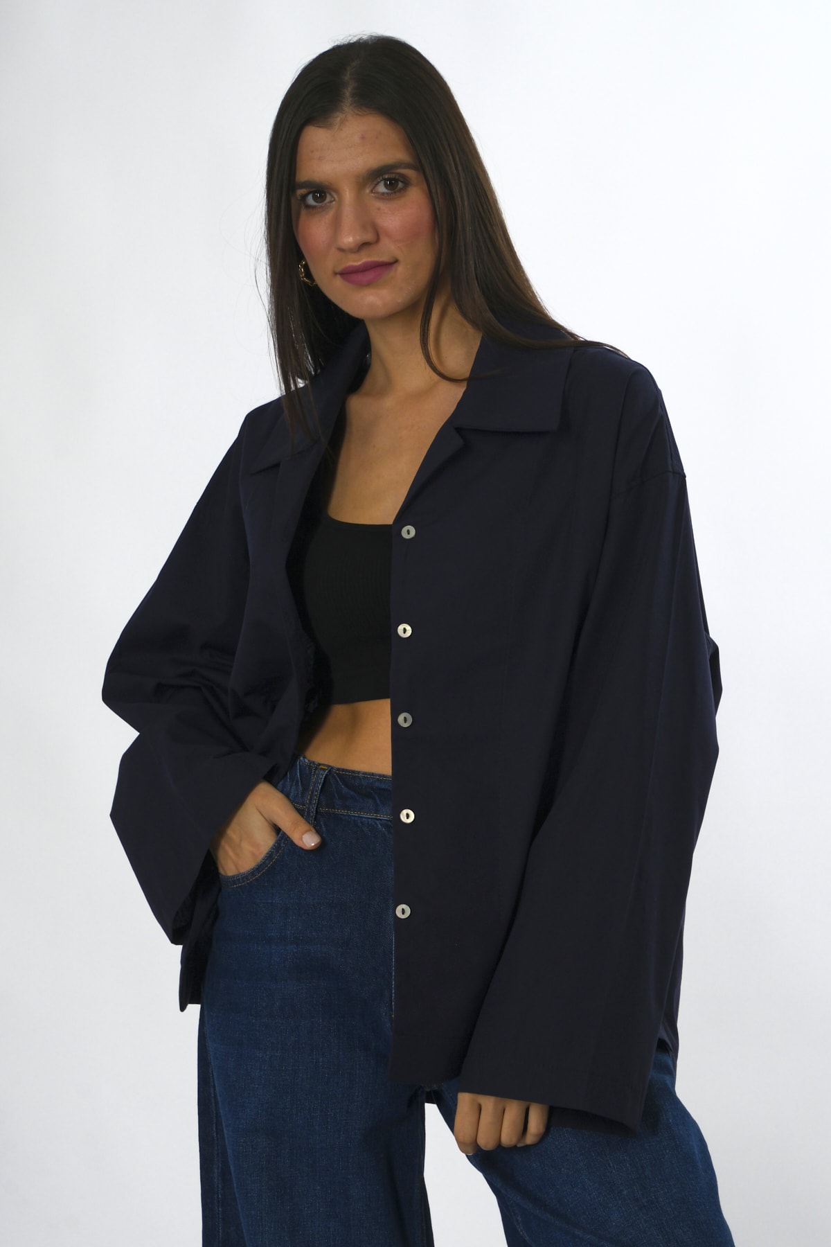 Abbra Kadın %100 Pamuk Oversize Poplin Gömlek - LACİVERT